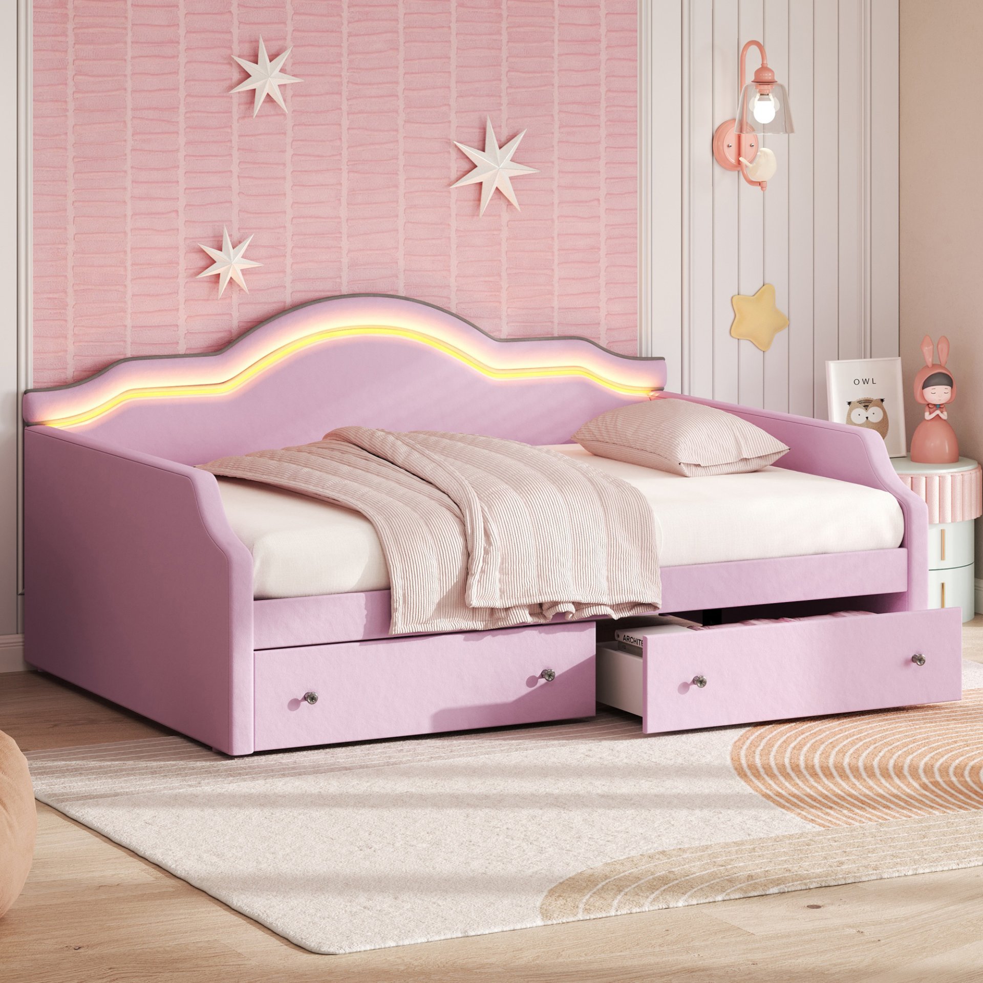 Full Size Upholstered Daybed With LED Lights And 2 Drawers - Pink - Image 2
