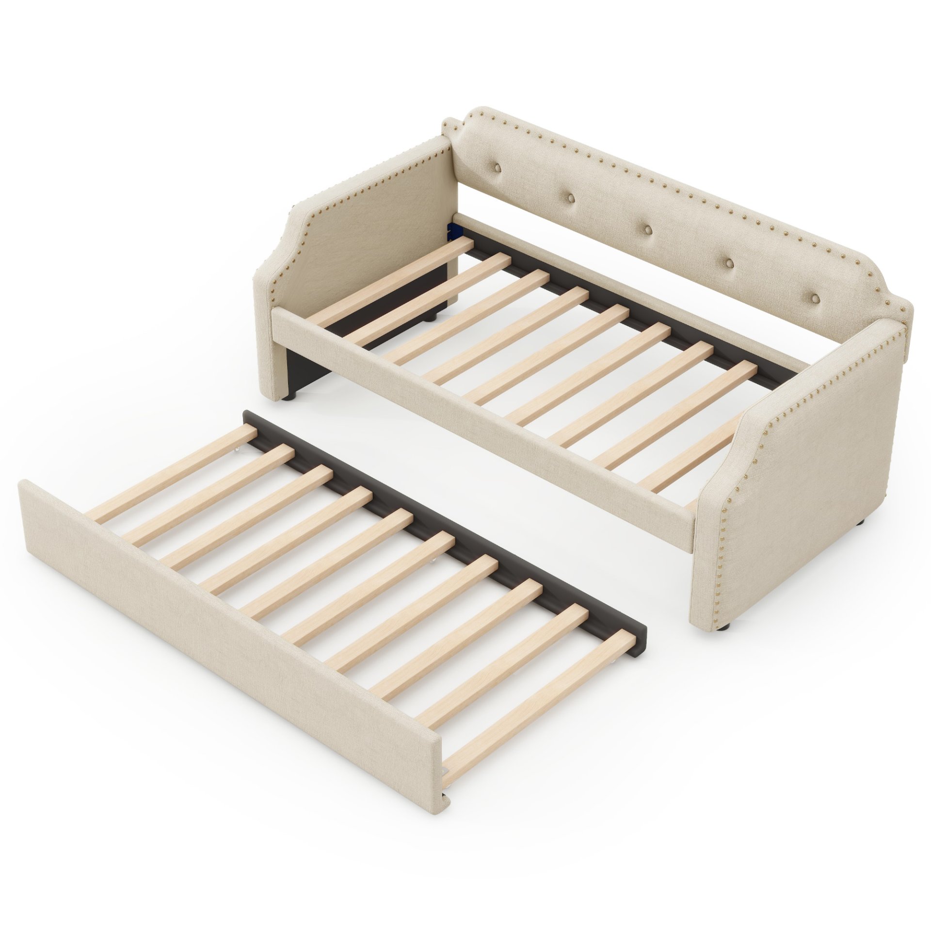 Upholstered Daybed With Trundle, Twin, Slat Support - Beige - Image 8