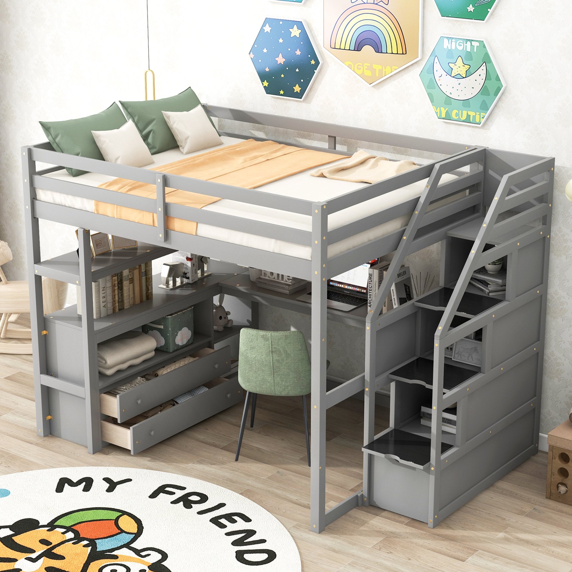 Full Size Loft Bed With Desk, Shelves, 2 Drawers, Storage Staircase - Gray - Image 5