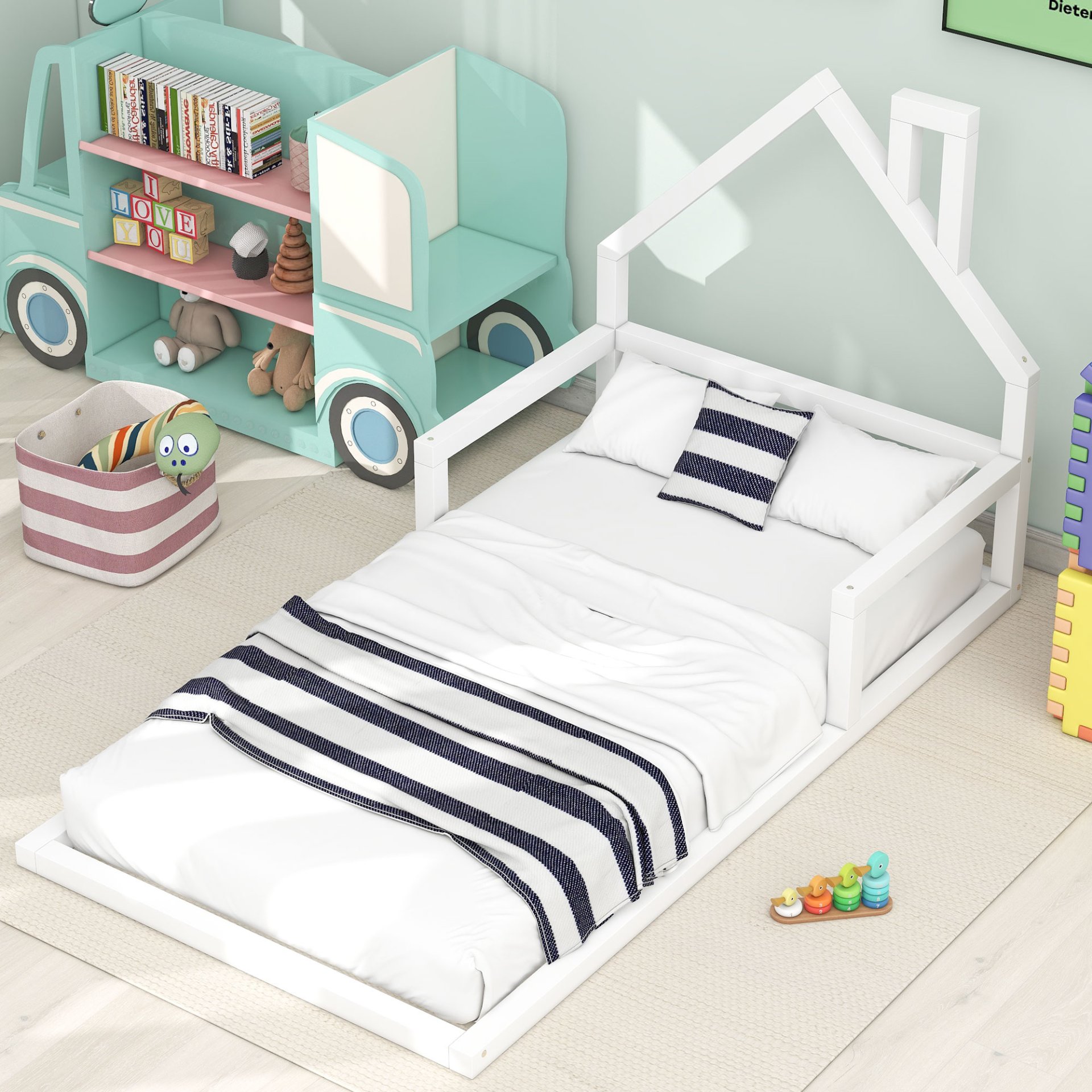 Twin Size Floor Bed With House Shaped Headboard - White - Image 2