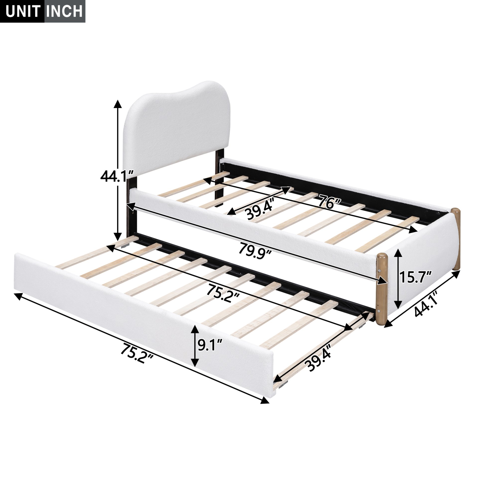Twin Size Upholstered Platform Bed With Twin Trundle - White - Image 3