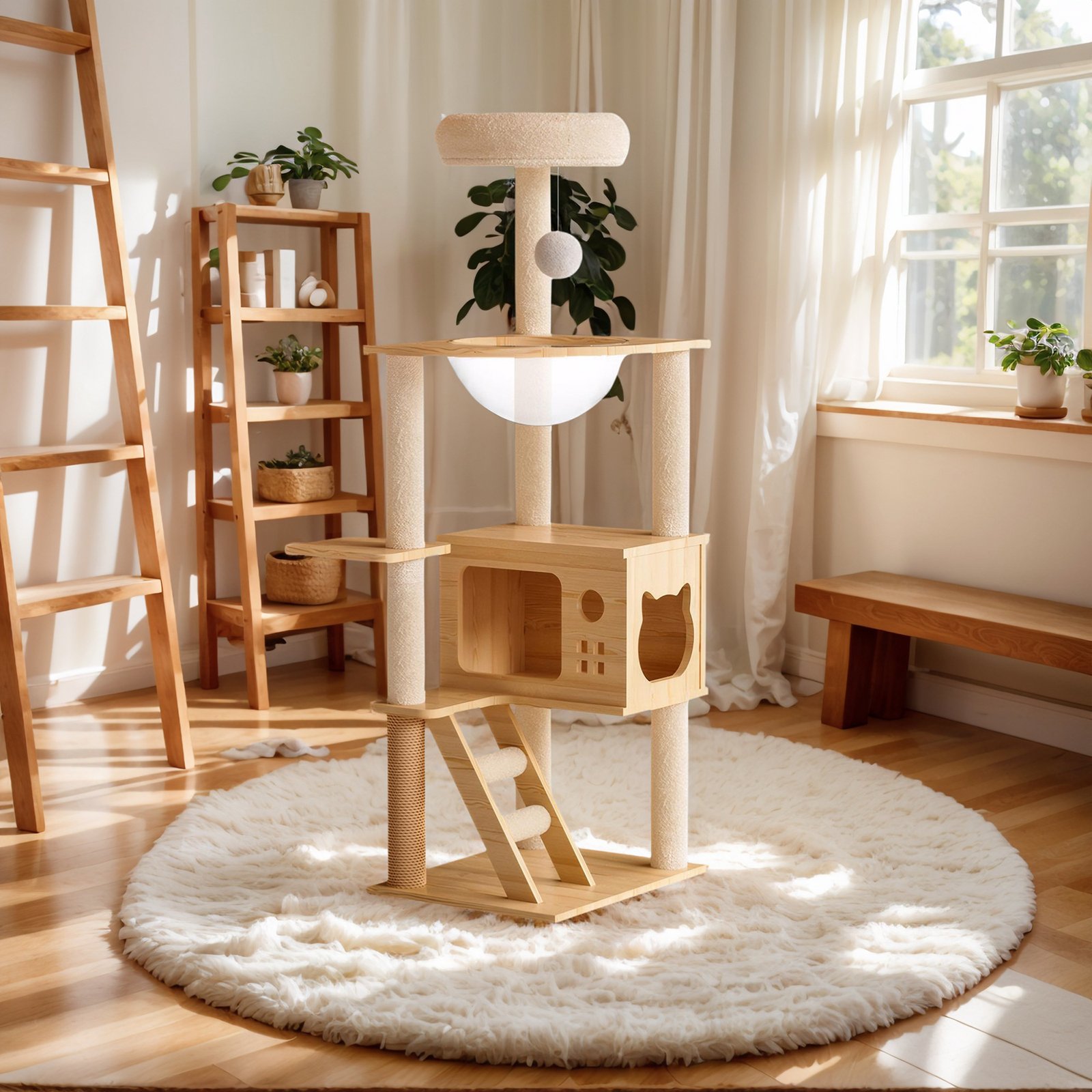 Modern Cat Tower, Wood Cat Tree Tower For Indoor Cats, Cat Tree With Sisal Covered Scratching Posts And Top Perch - Natural / White - Image 2