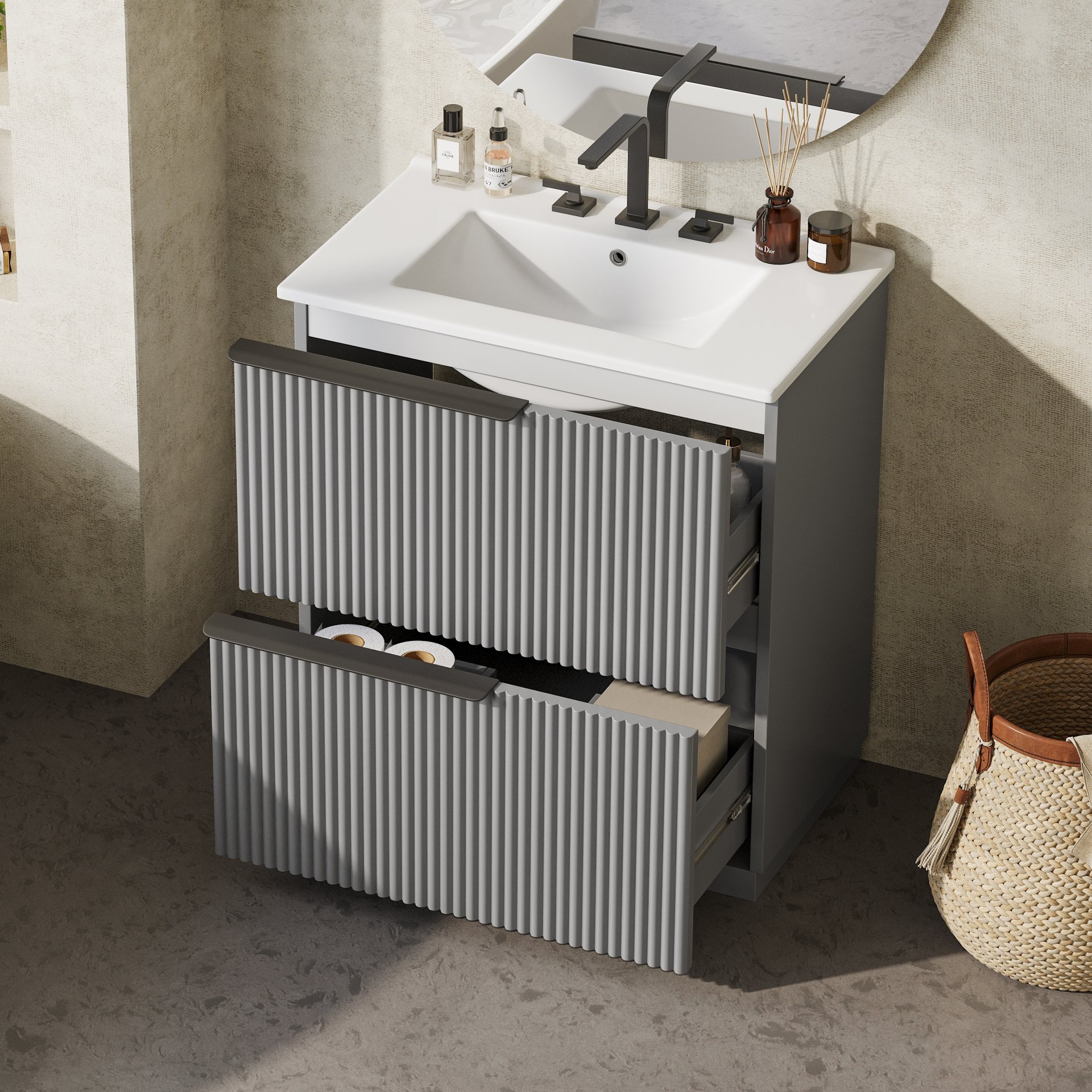 Fluted Bathroom Vanity With Sink, Full Extension Soft Close Drawers - Gray - Image 5