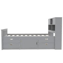 Full Size Captain Platform Bed Frame With Bookcase Headboard, Four Drawers, Storage Shelves - Gray