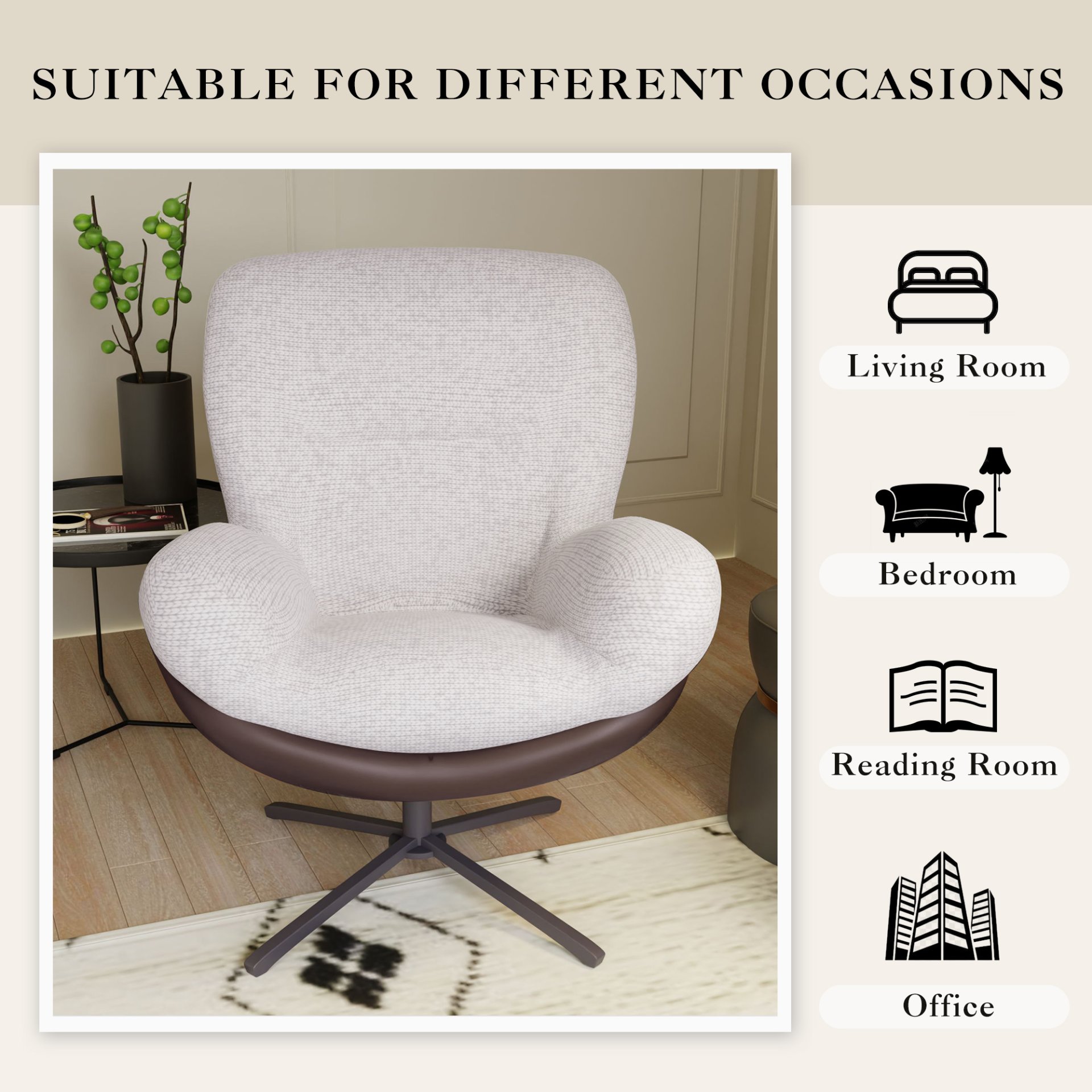 360° Swivel Office Chair, Modern Chenille Chair With And Metal Base Frame, No Wheels, Accent Chair - White - Image 10