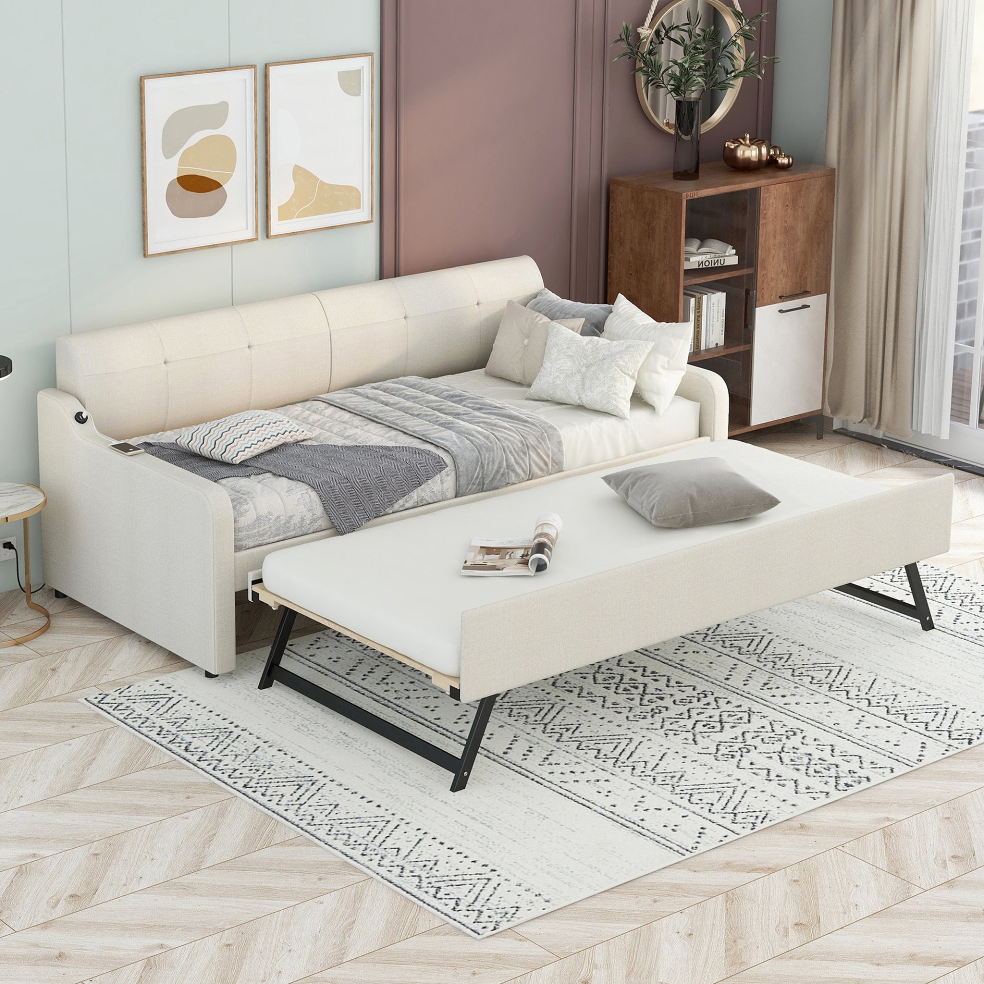 Twin Size Daybed With Trundle And USB Charging - Beige - Image 2