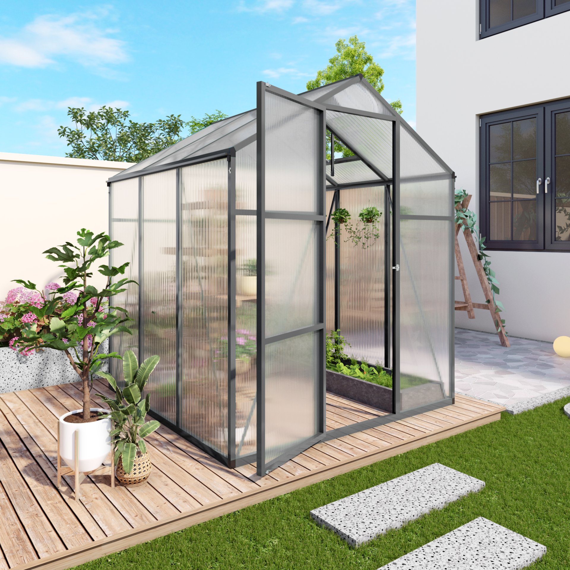 Gain Height Windproof Greenhouse 6 X 6 Ft Polycarbonate With Raised Base And Anchor Alloy Frame, All Season Outdoor Garden House - Black - Image 8
