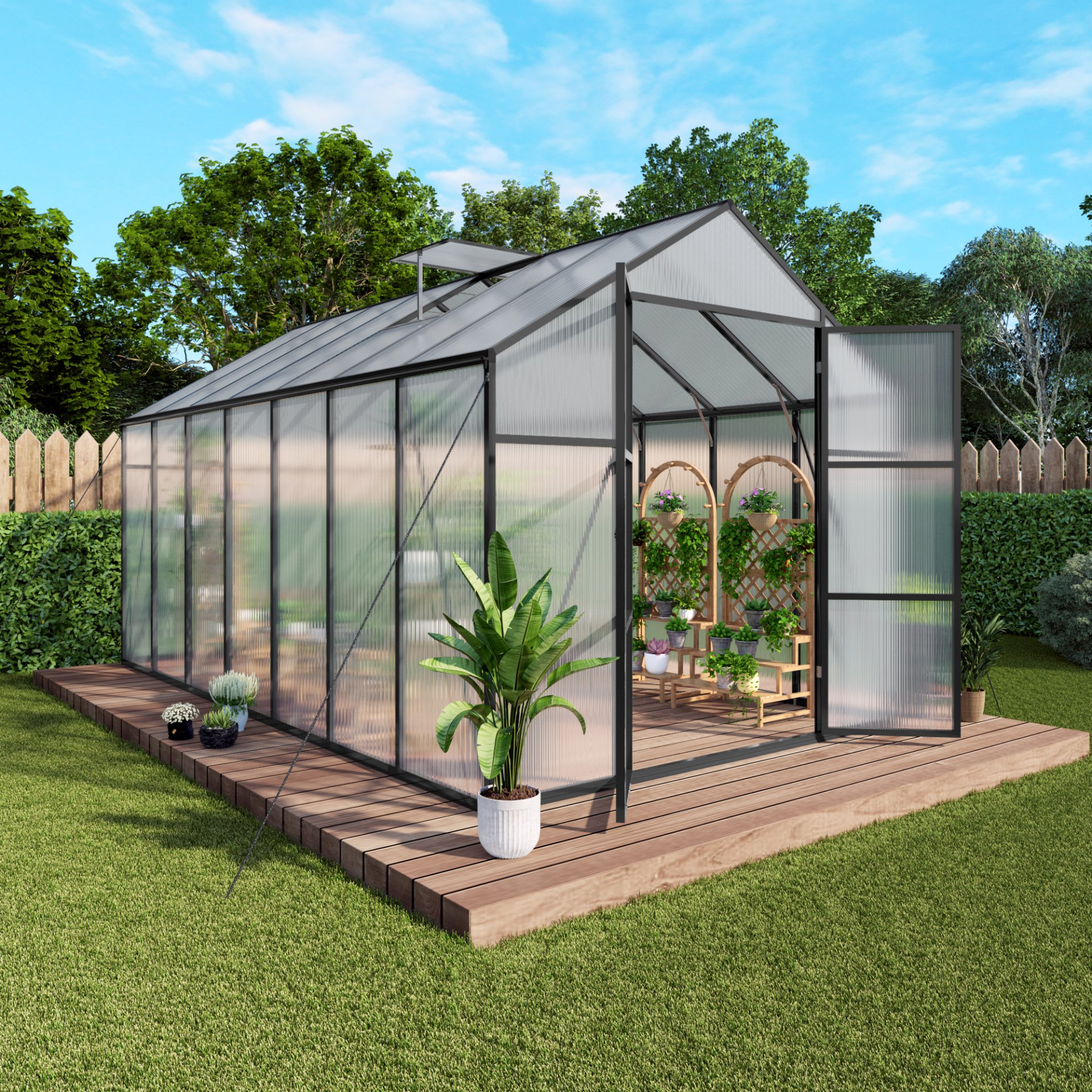 Gain Height Windproof Greenhouse 8 X 14 Ft Polycarbonate With Raised Base And Anchor Alloy Frame, All Season Outdoor Garden Shelter - Black - Image 2