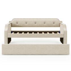 Upholstered Daybed With Trundle, Twin, Slat Support - Beige