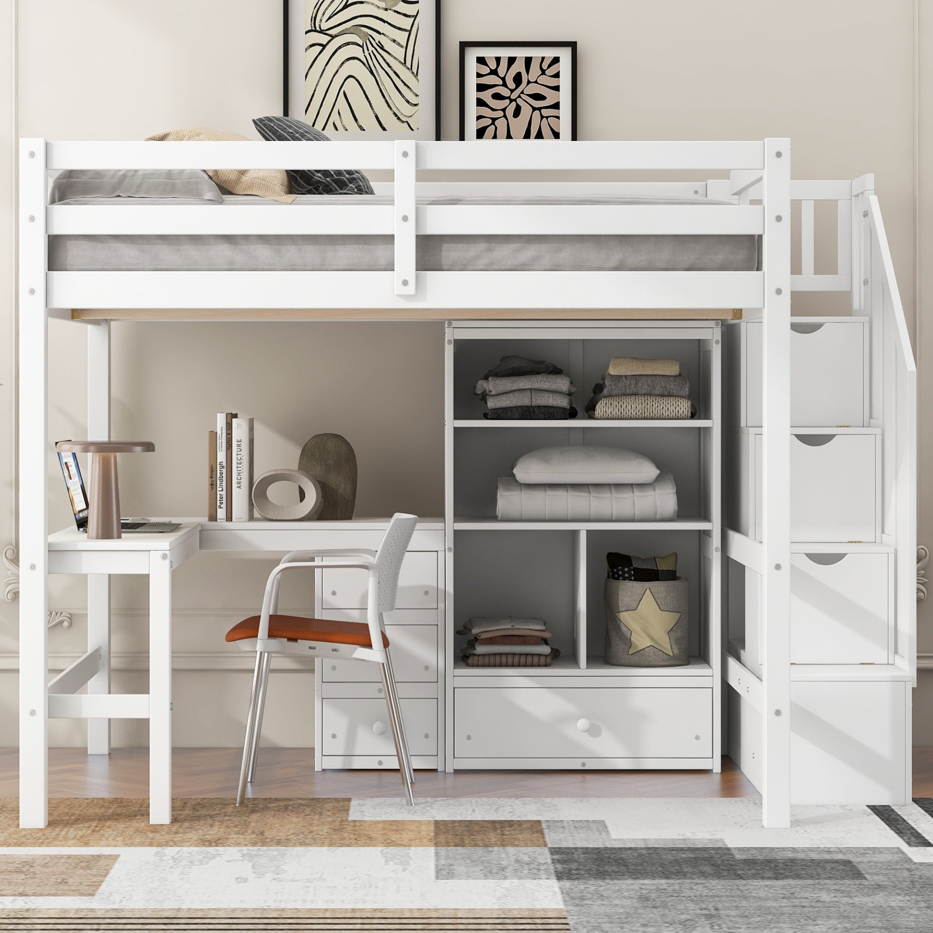 Full Size Loft Bed With L-Shaped Desk, Drawers, Cabinet, And Storage Staircase - White - Image 4