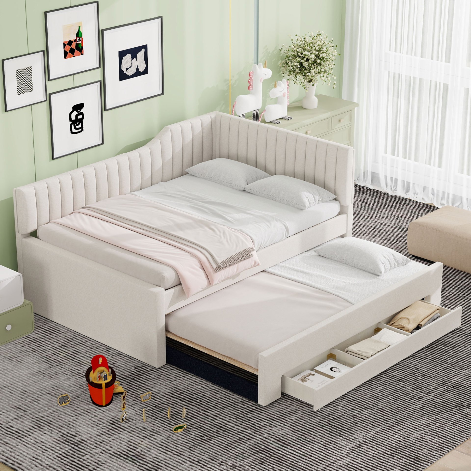 Full Size Upholstered Daybed With Trundle And 3 Drawers - Beige - Image 2