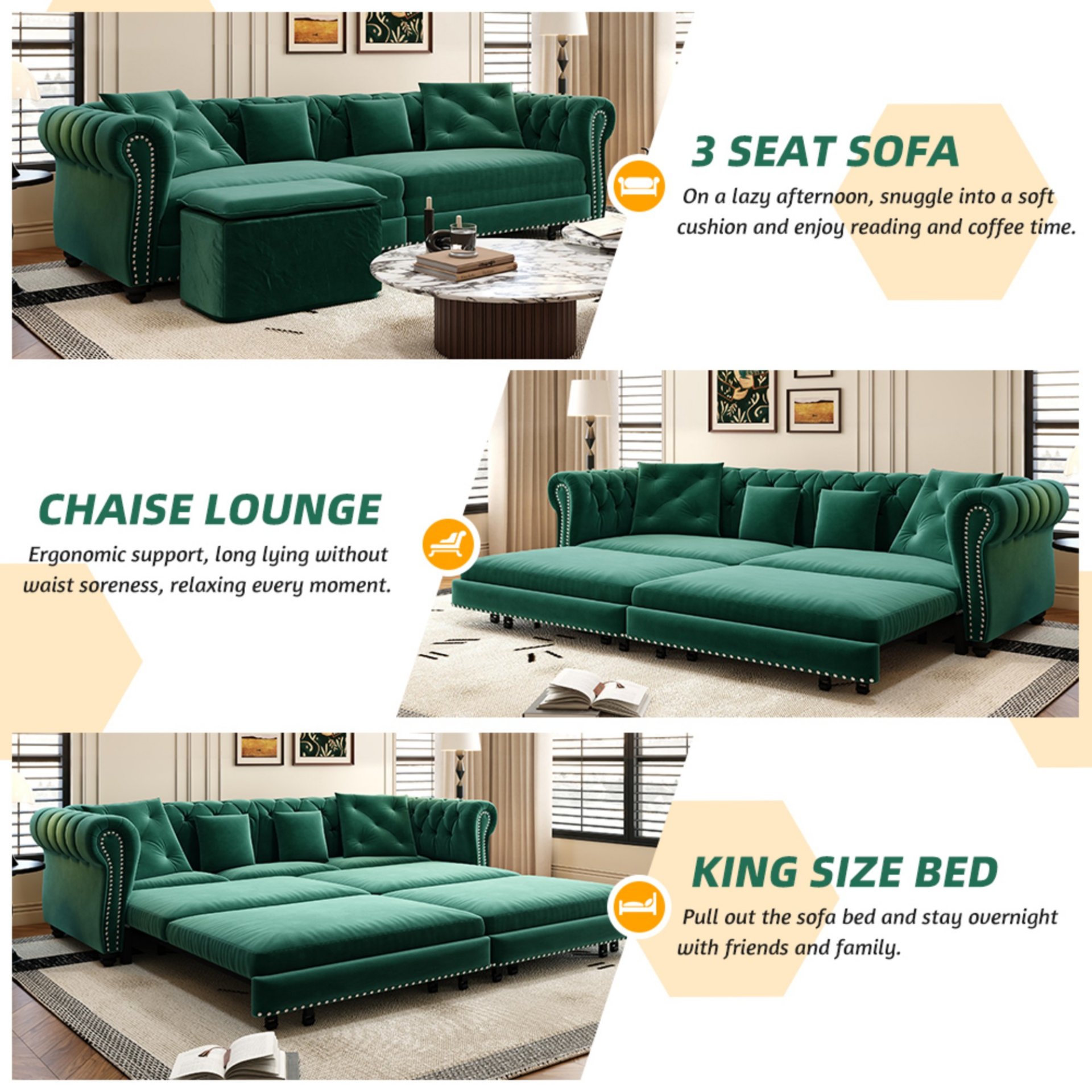 3 In 1 Pull Out Sofa Bed, Convertible Sleeper Sofa Bed, 3 Seater Sofa With Movable Ottoman - Green - Image 12