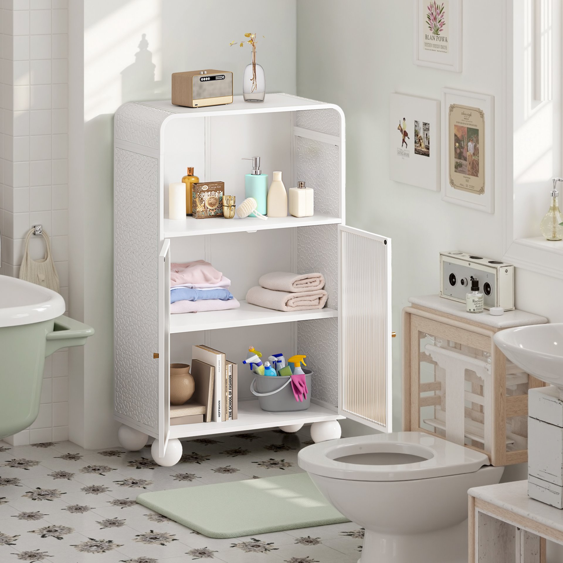 Storage Cabinet With Shelves And Glass Door, Freestanding Organizer For Bathroom - White - Image 5