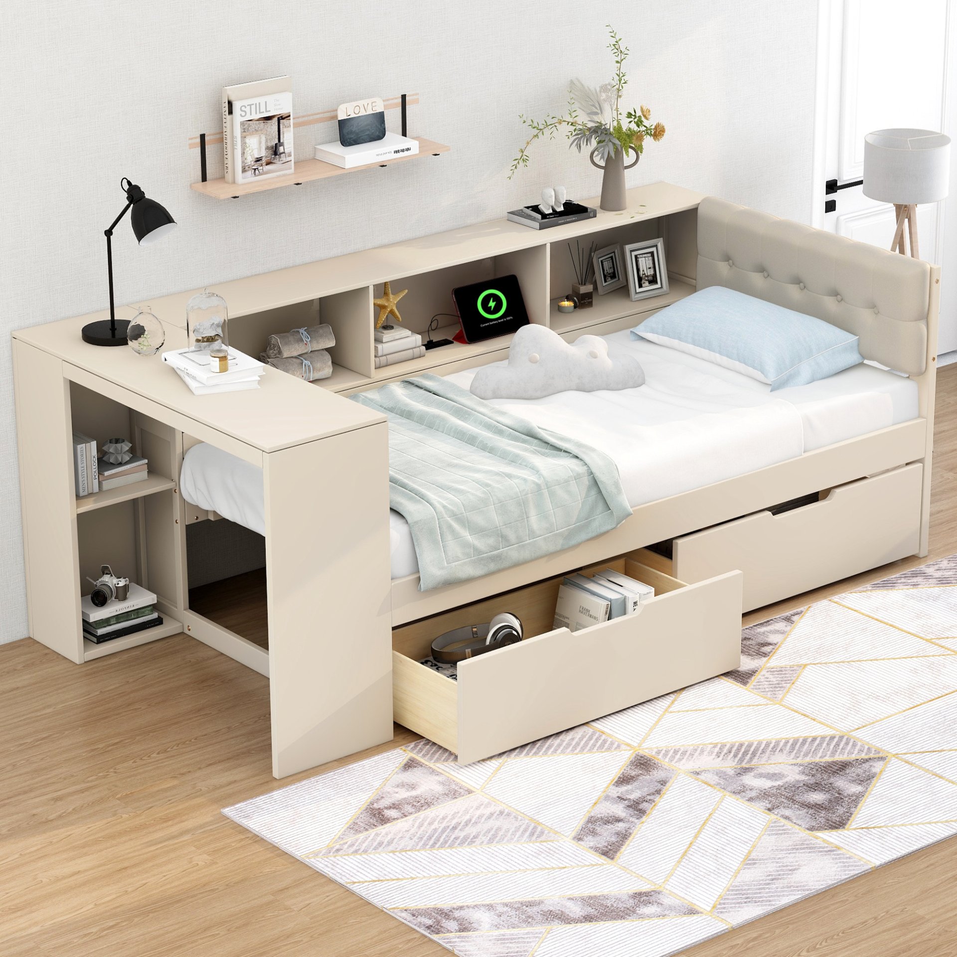 Upholstered Headboard Twin Size Platform Bed With Storage Shelves, Drawers, Charging Station - Cream - Image 4