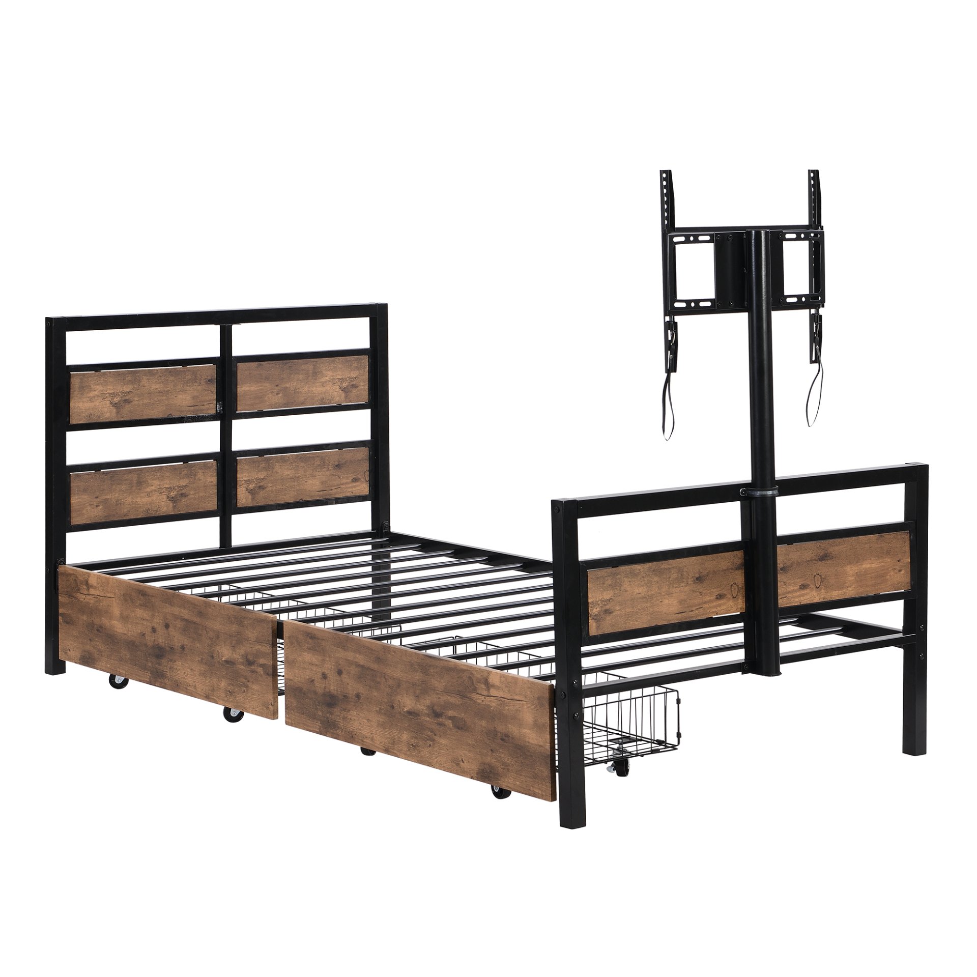 Twin Size Platform Bed With Headboard And Footboard, 2 Storage Drawers And Rotatable TV Stand - Black - Image 10