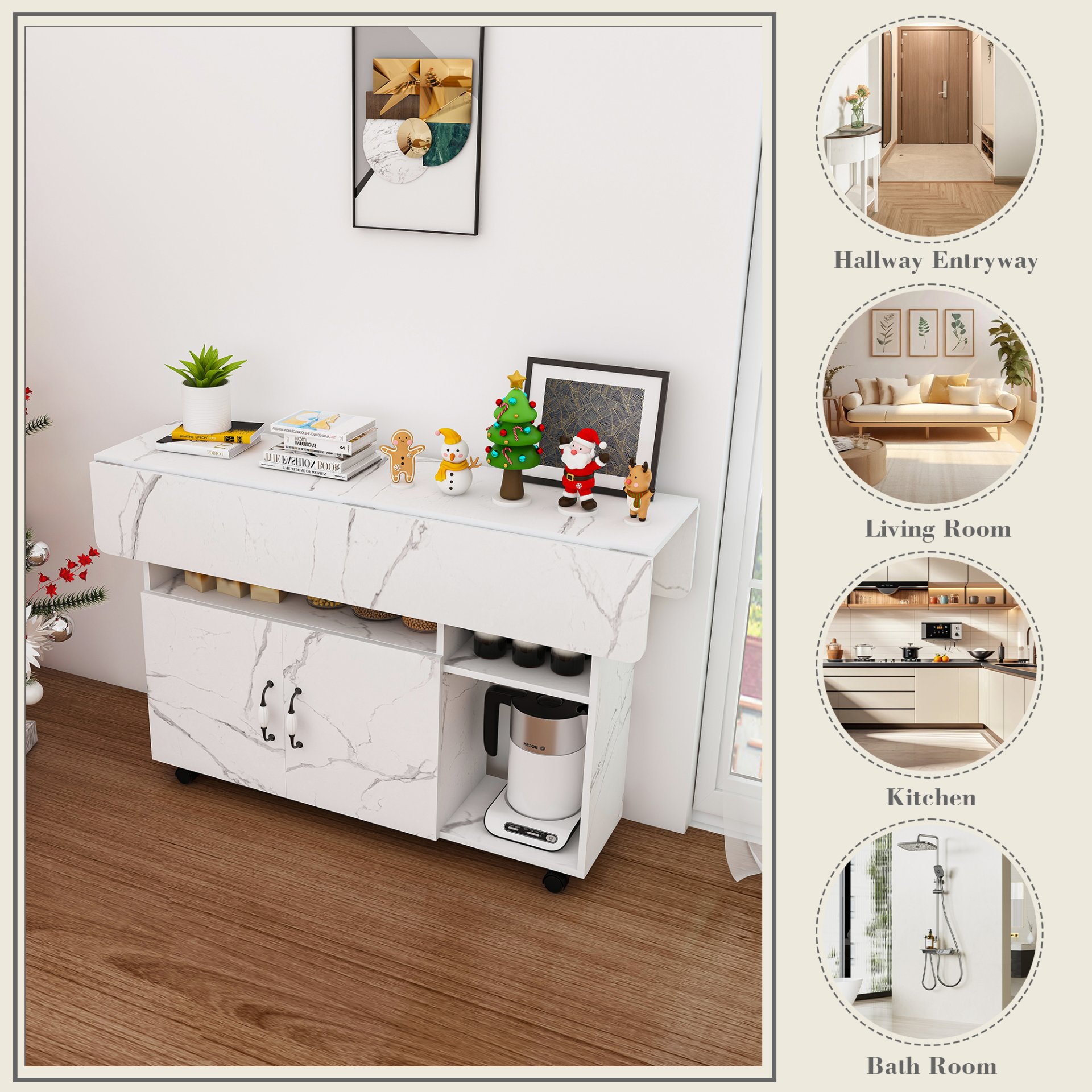 Multifunctional Folding Table With Storage Shelves And Wheels, Compact Desk For Kitchen - White - Image 14