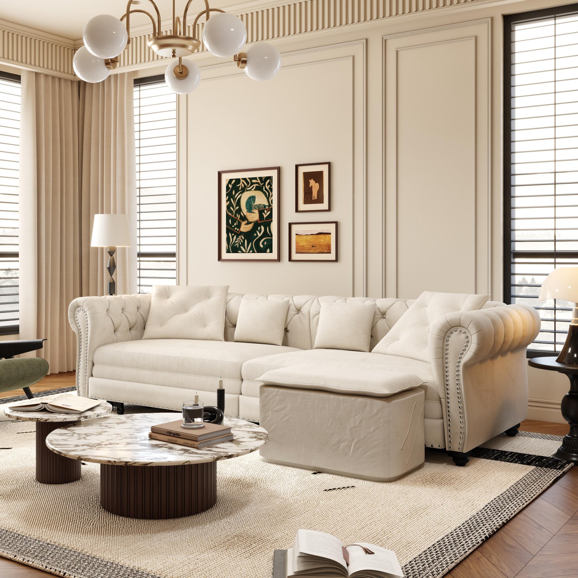 3 In 1 Pull Out Sofa Bed, Convertible Sleeper Sofa Bed, 3 Seater Sofa With Movable Ottoman - Beige - Image 7