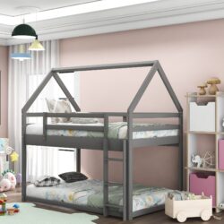 Twin Over Twin Low Bunk Bed With House Shaped Frame And Ladder - Gray
