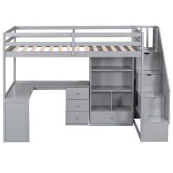 Twin Size Loft Bed With L-Shaped Desk, Drawers, Cabinet And Storage Staircase - Gray