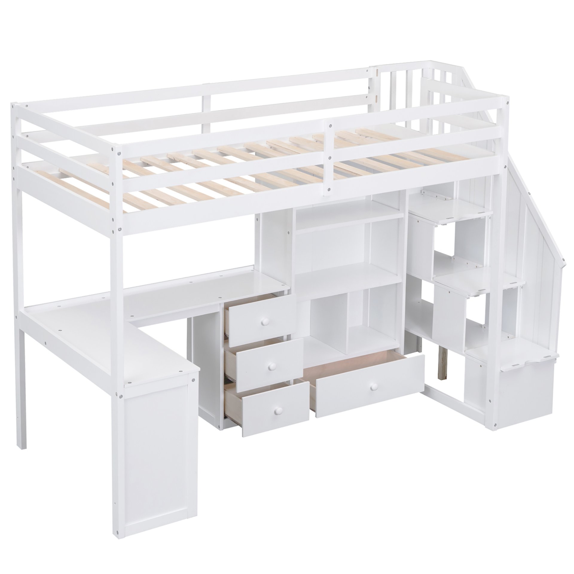 Twin Size Loft Bed With L-Shaped Desk, Drawers, Cabinet And Storage Staircase - White - Image 8