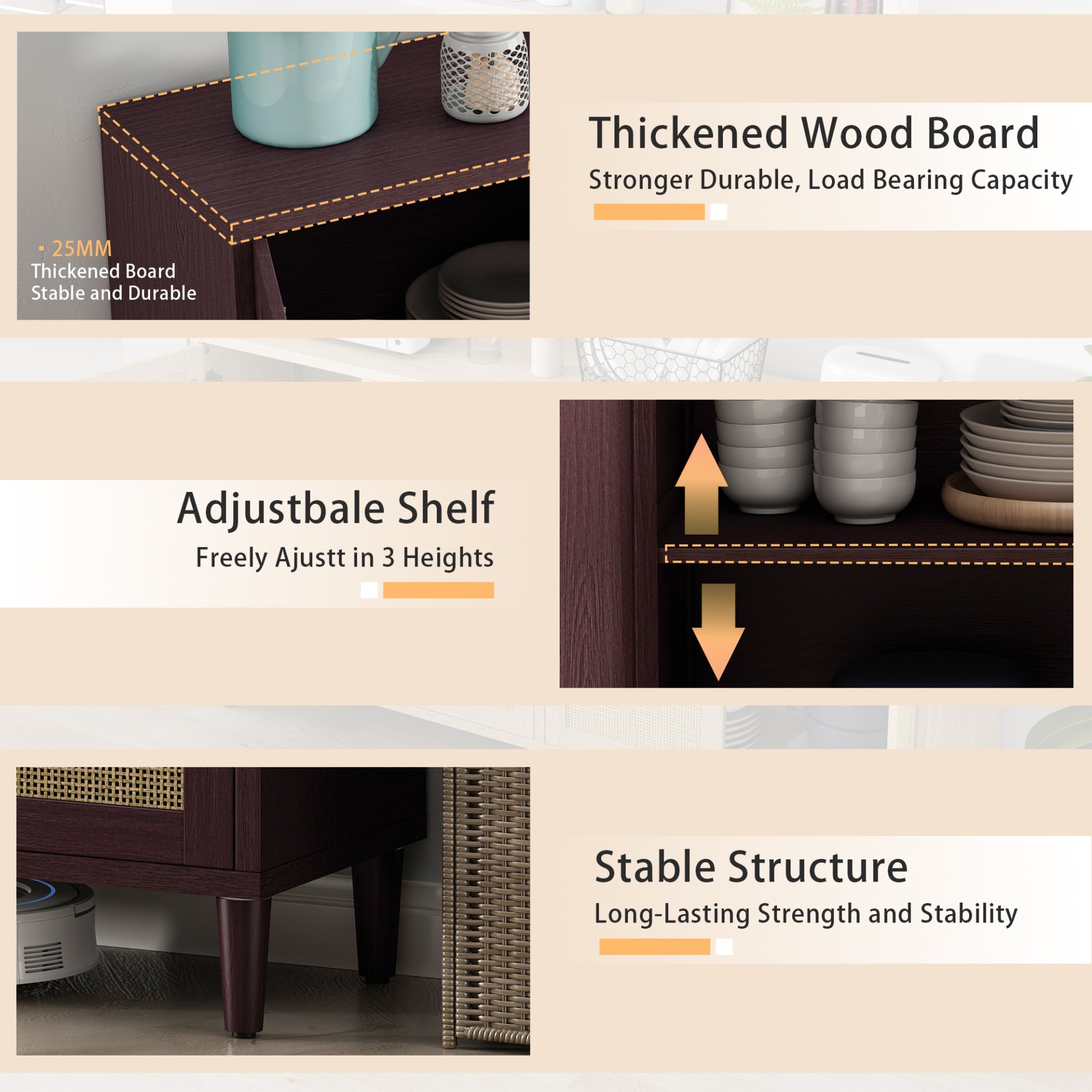 Buffet Cabinet With Adjustable Shelves For Kitchen - Brown - Image 7