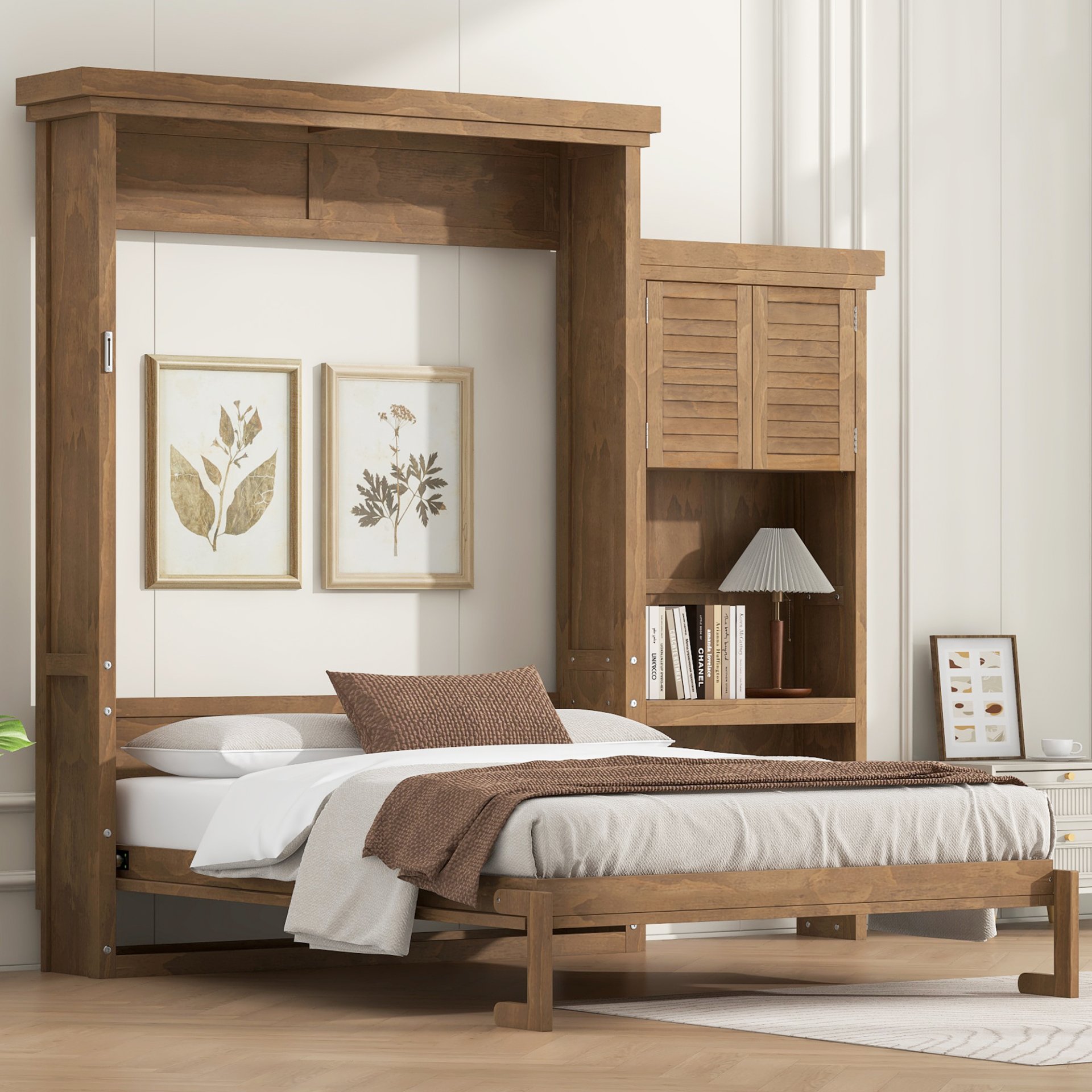 Queen Size Murphy Bed With Louvered Design And Multiple Storage Shelves - Wood - Image 2