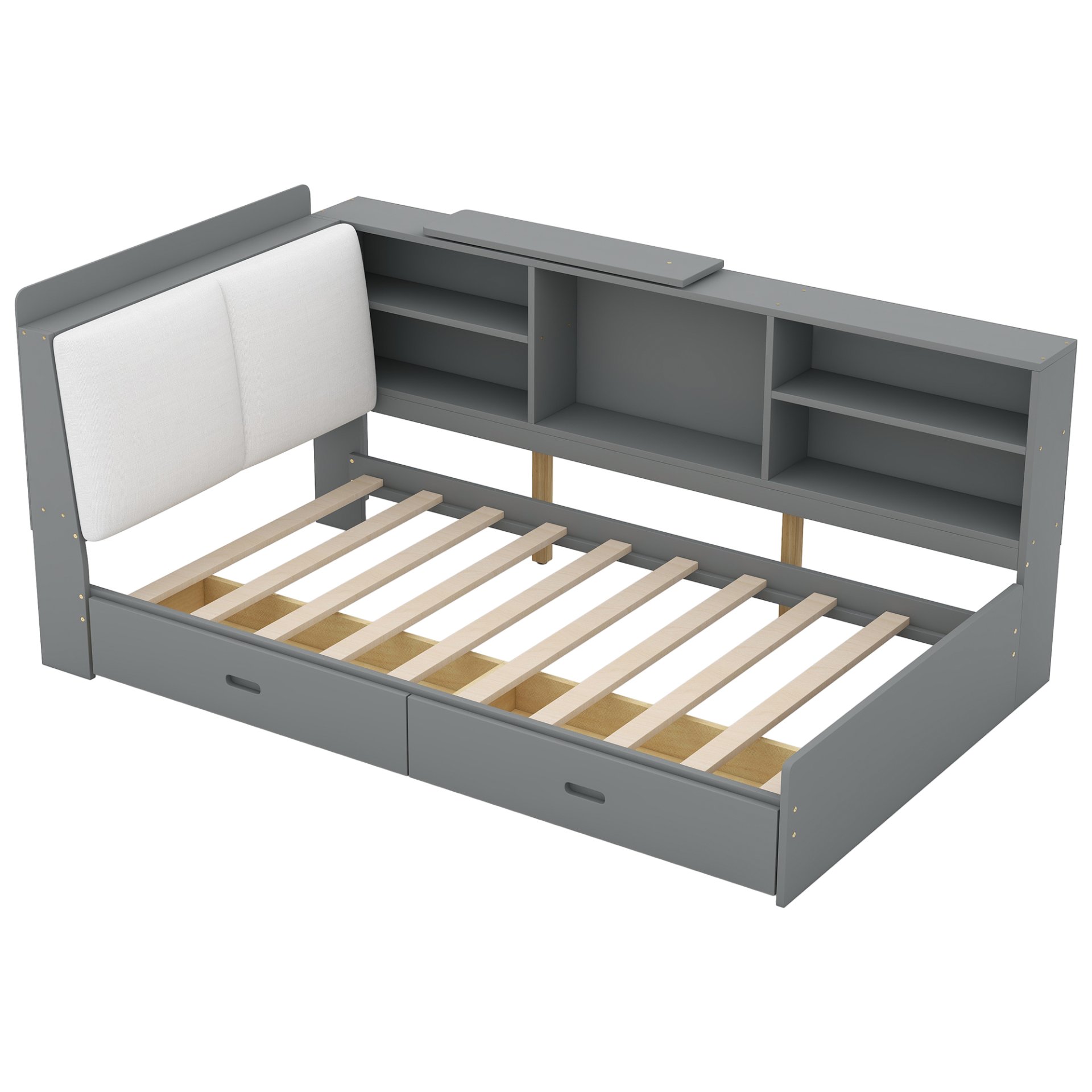 Twin Size Platform Bed With Storage Headboard, Shelves And 2 Drawers - Antique Gray - Image 13