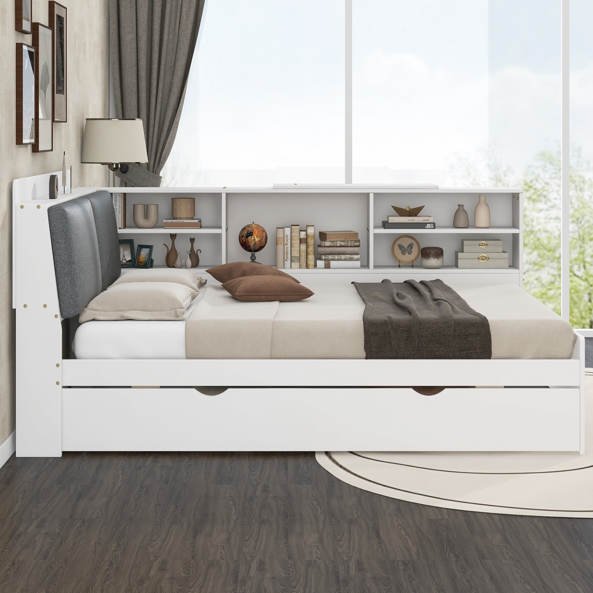 Full Size Platform Bed With Trundle, Shelves, And Storage Headboard - White - Image 5