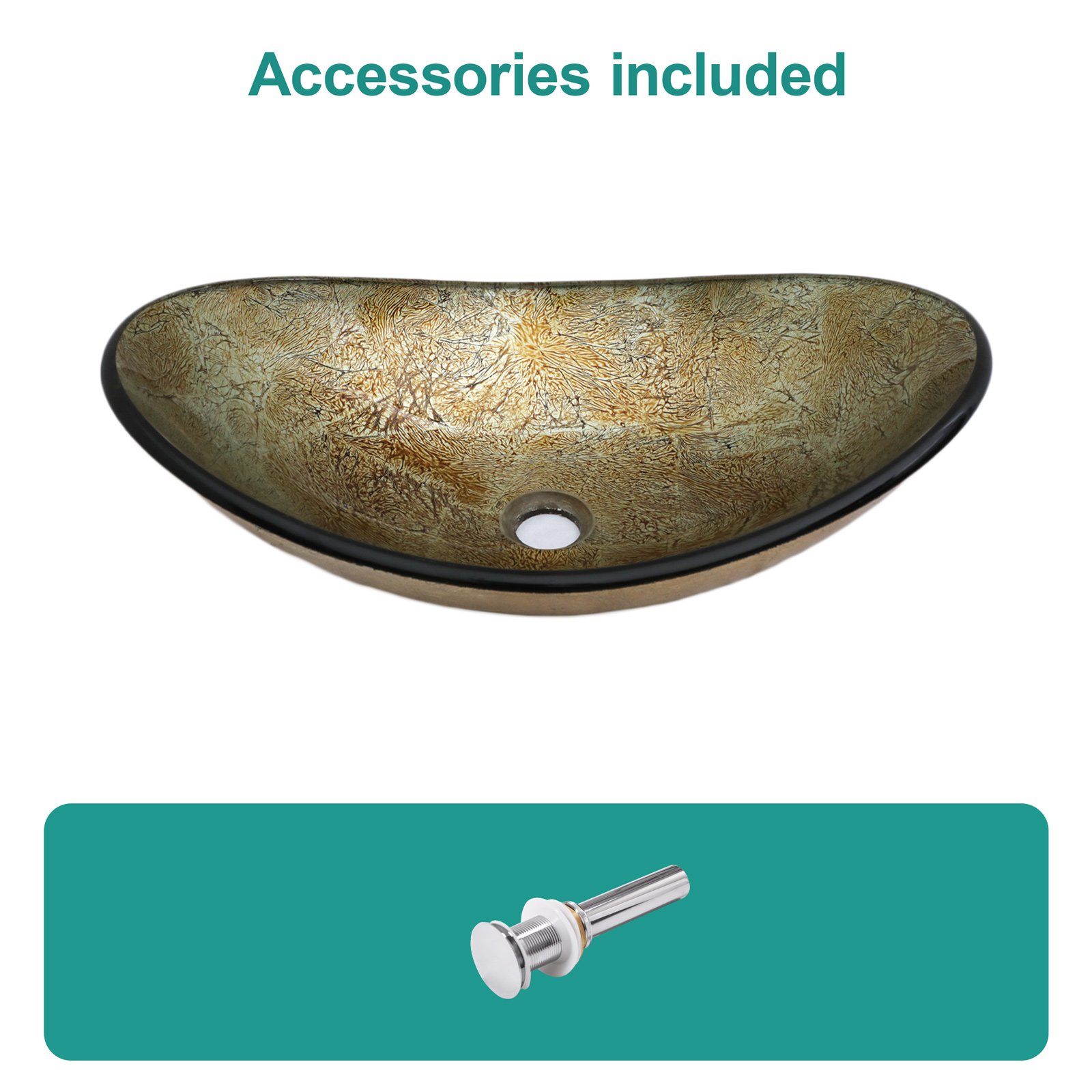 Vessel Sink With Chrome Pop Up Drain, Boat Shape Bathroom Sink Above Counter - Gold - Image 5