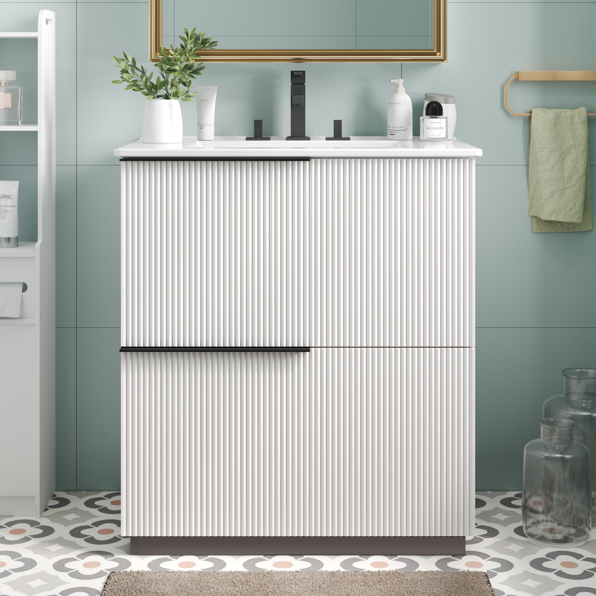 Fluted Bathroom Vanity With Sink, Full Extension Drawers, Soft Close Slides - White - Image 2