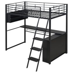 Twin Size Loft Bed With LED Desk And 4 Storage Shelves - Black