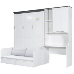 Multi Functional Murphy Bed With Sofa, Desk, And Storage Cabinet, Queen Size - White
