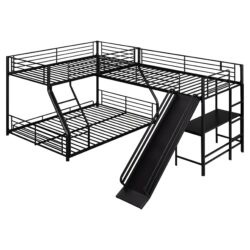 L-Shaped Twin Over Full Bunk Bed With Twin Loft, Built In Desk And Slide - Black
