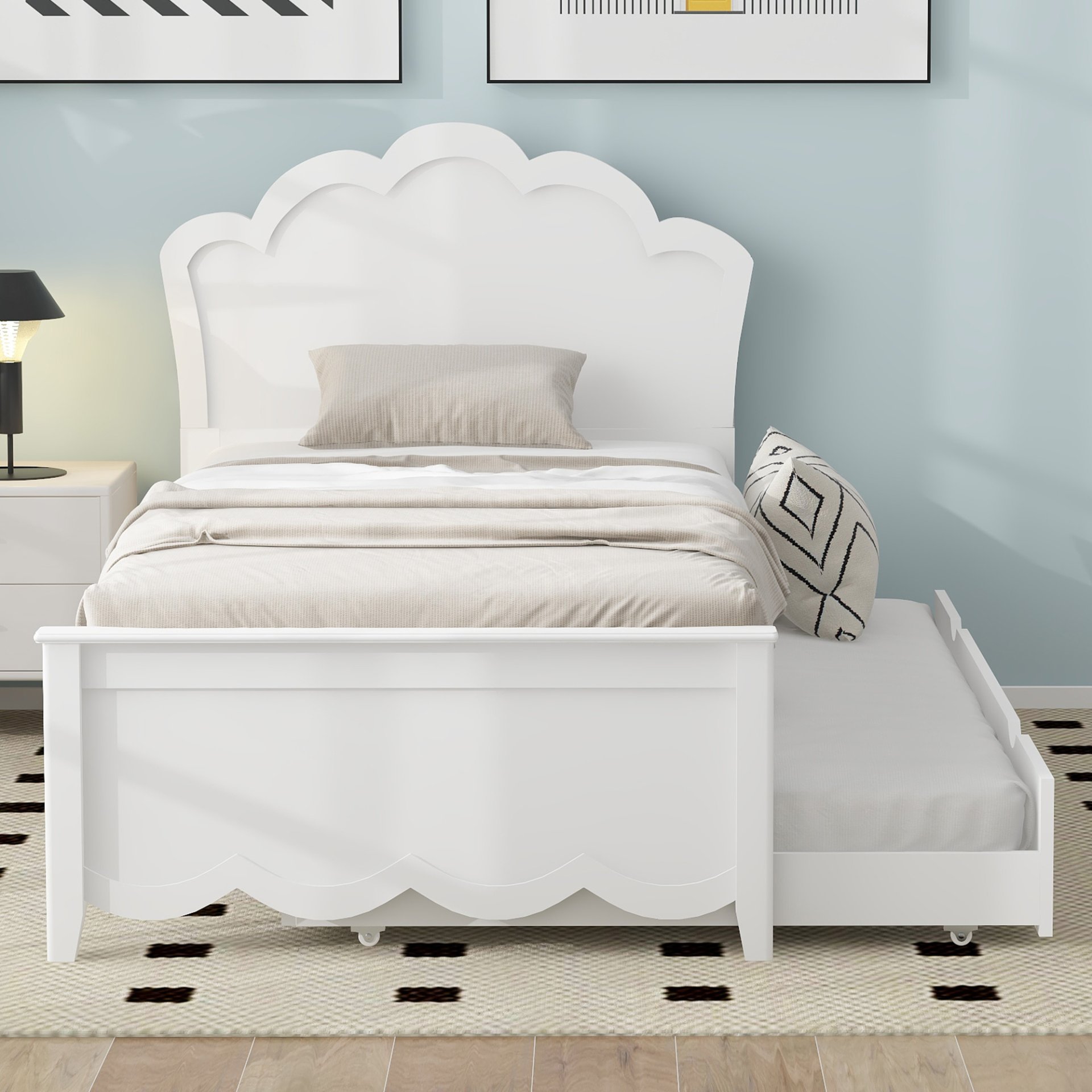 Twin Size Platform Bed With Headboard And Trundle - White - Image 5