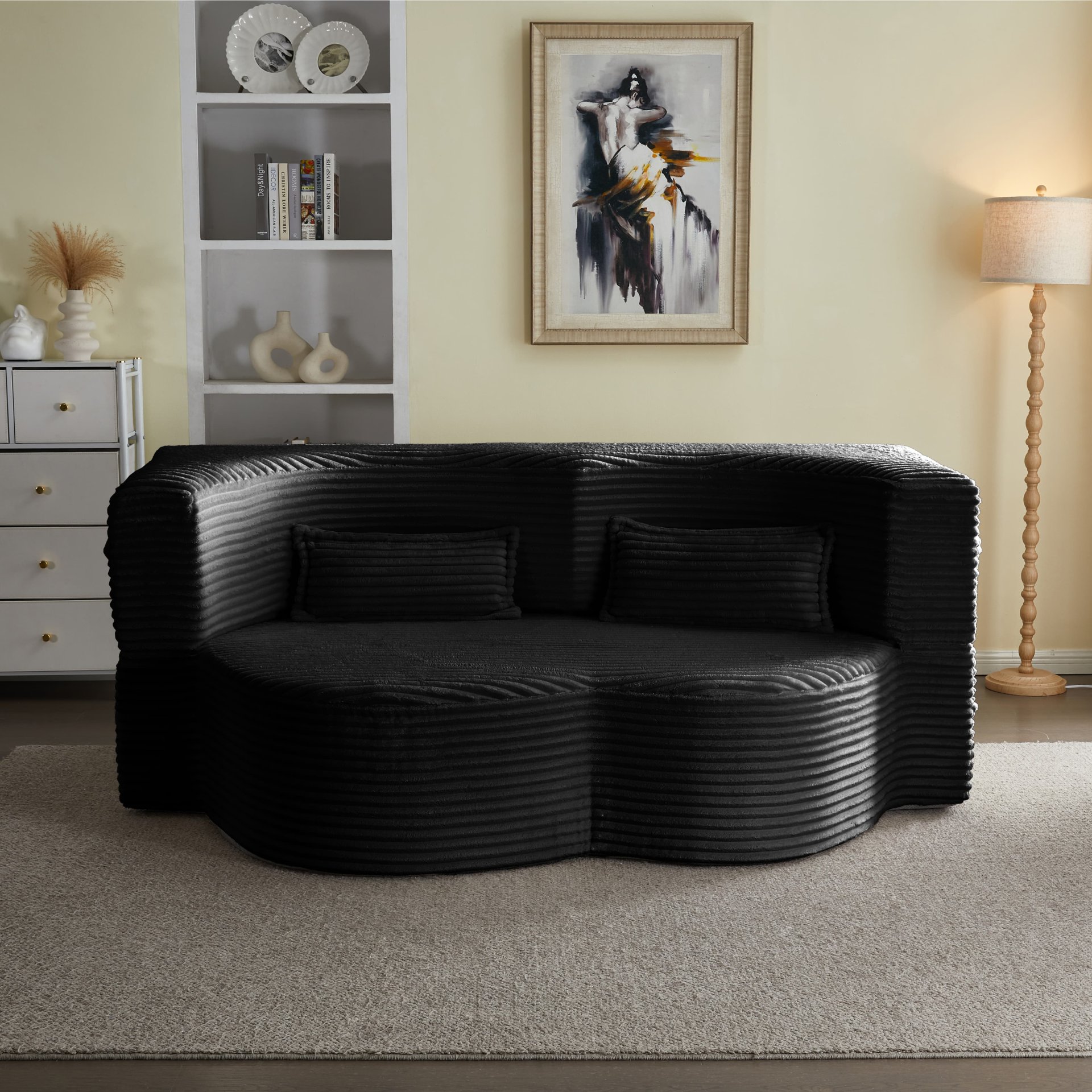 Floor Sofa With 2 Pillows, Convertible Plush Corduroy Foam Filled Sleeper Sofa Bed - Black - Image 6