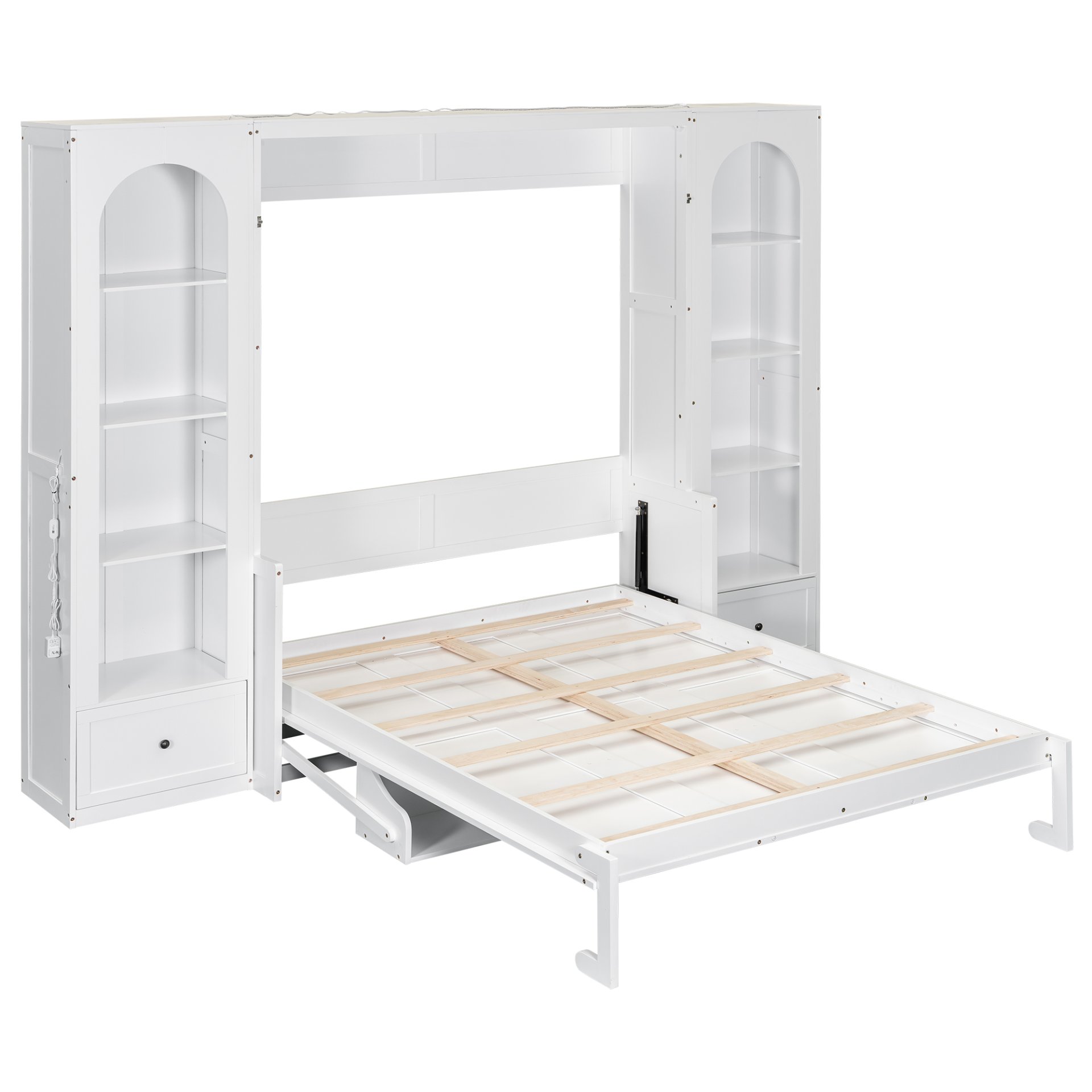 Queen Size Murphy Platform Bed With Shelf, Side Cabinets, Drawers And LED - White - Image 7