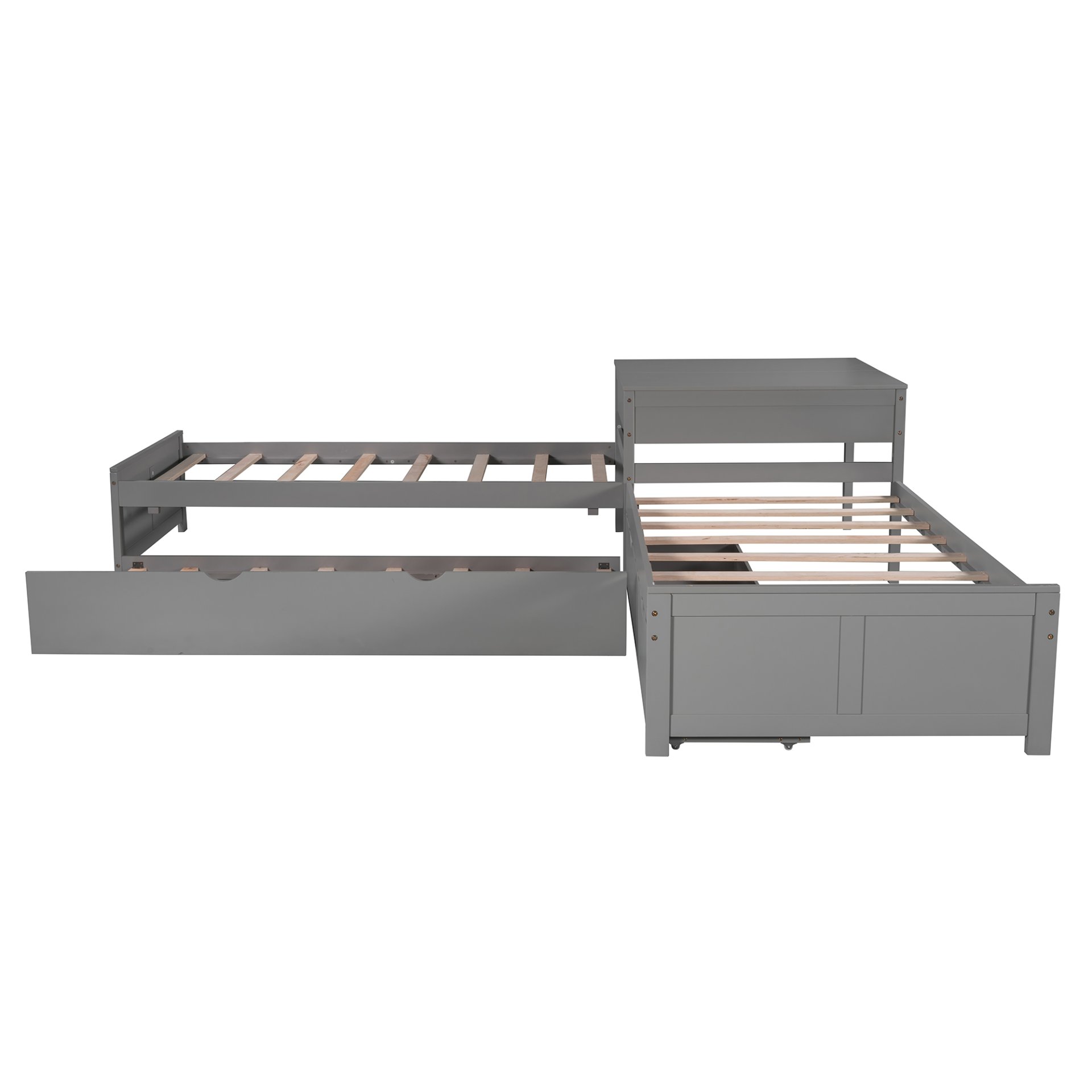 L-Shaped Platform Bed With Trundle And Drawers Linked With Built In Desk, Twin - Gray - Image 7