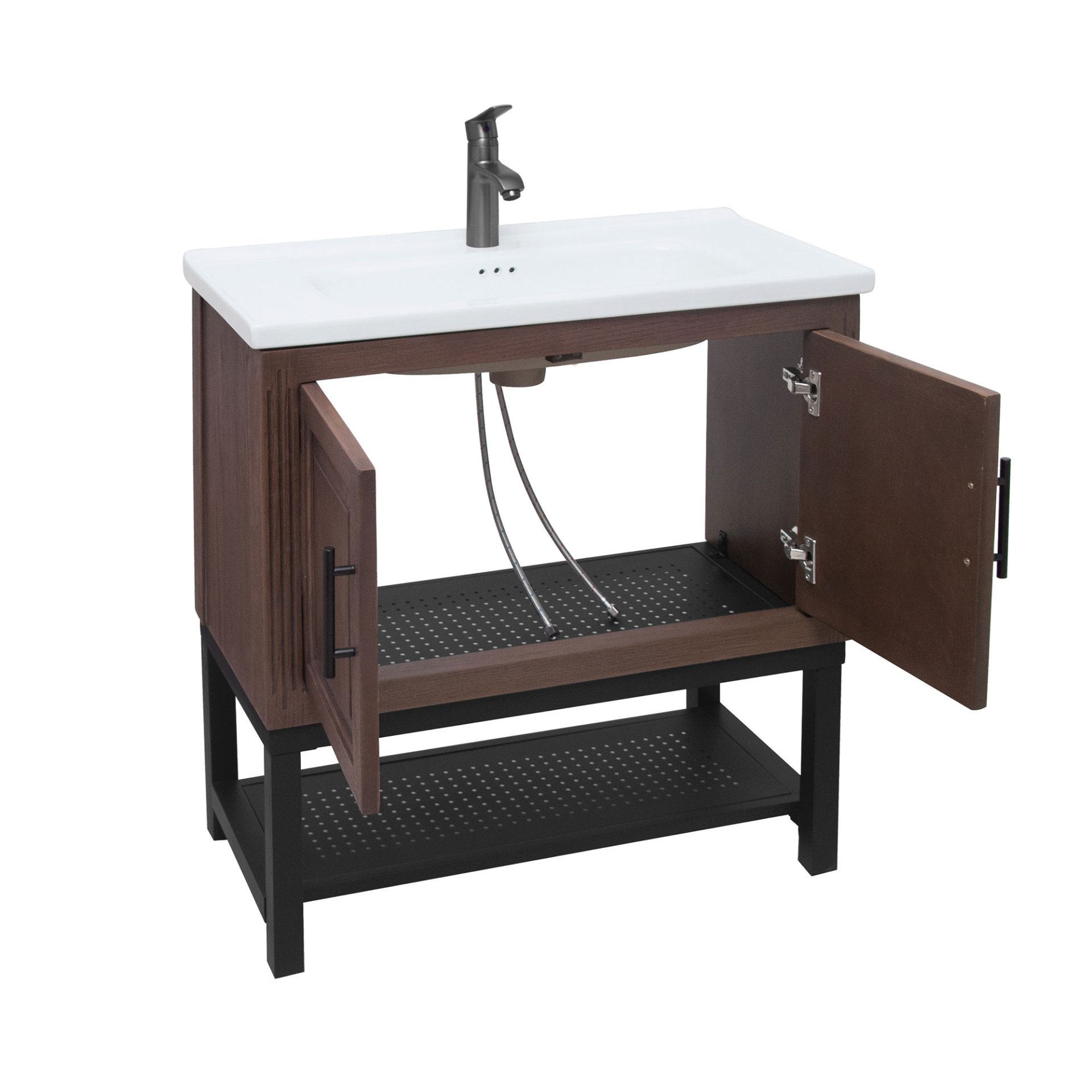 Modern Freestanding Bathroom Vanity With White Ceramic Sink, Hot And Cold Faucet, 2 Door Cabinet & Open Iron Shelf, Magnesium Oxide And Iron Frame - Walnut - Image 13