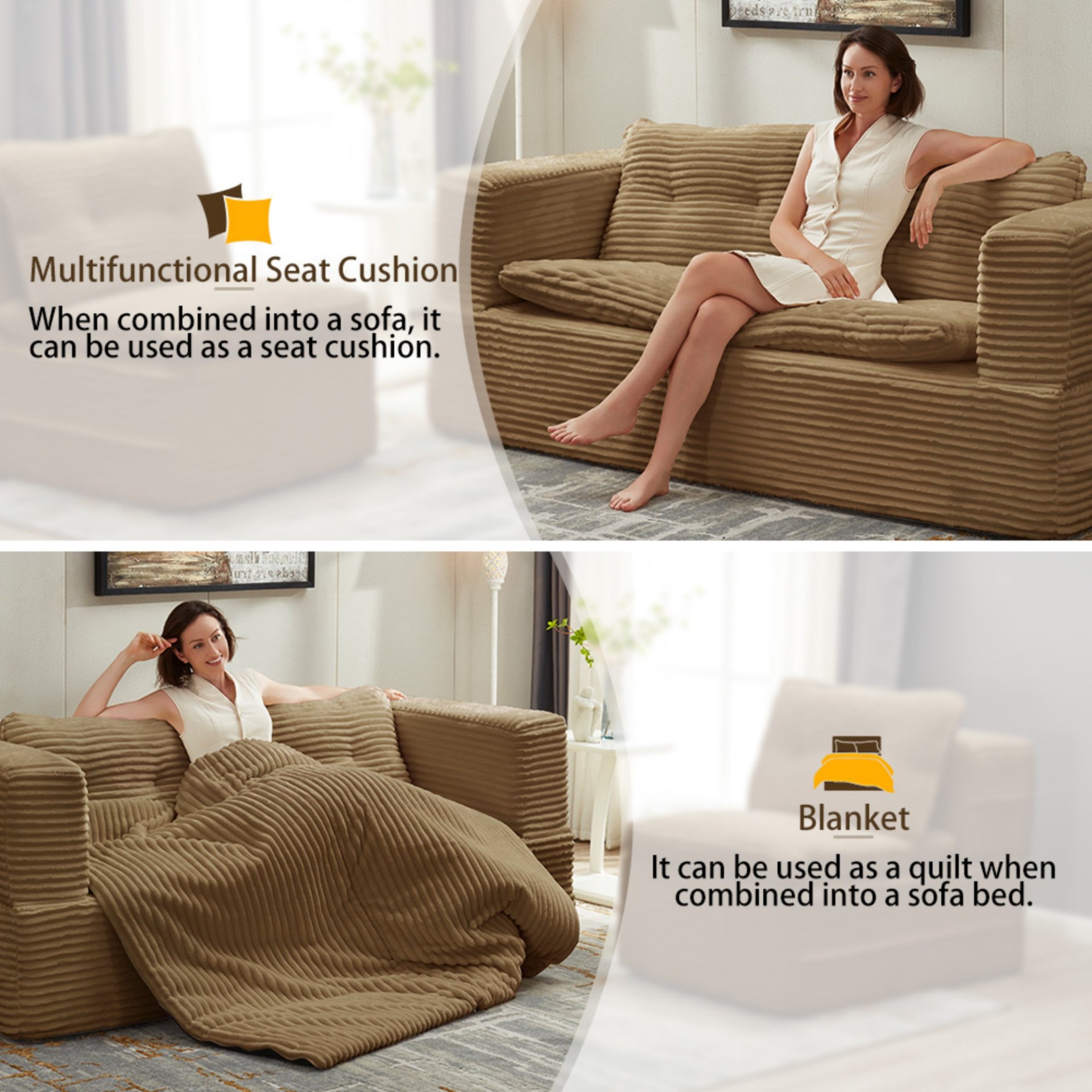 Multi Functional Sectional Sofa Bed With Independent Chaise Lounge And Functional Blanket - Camel - Image 16
