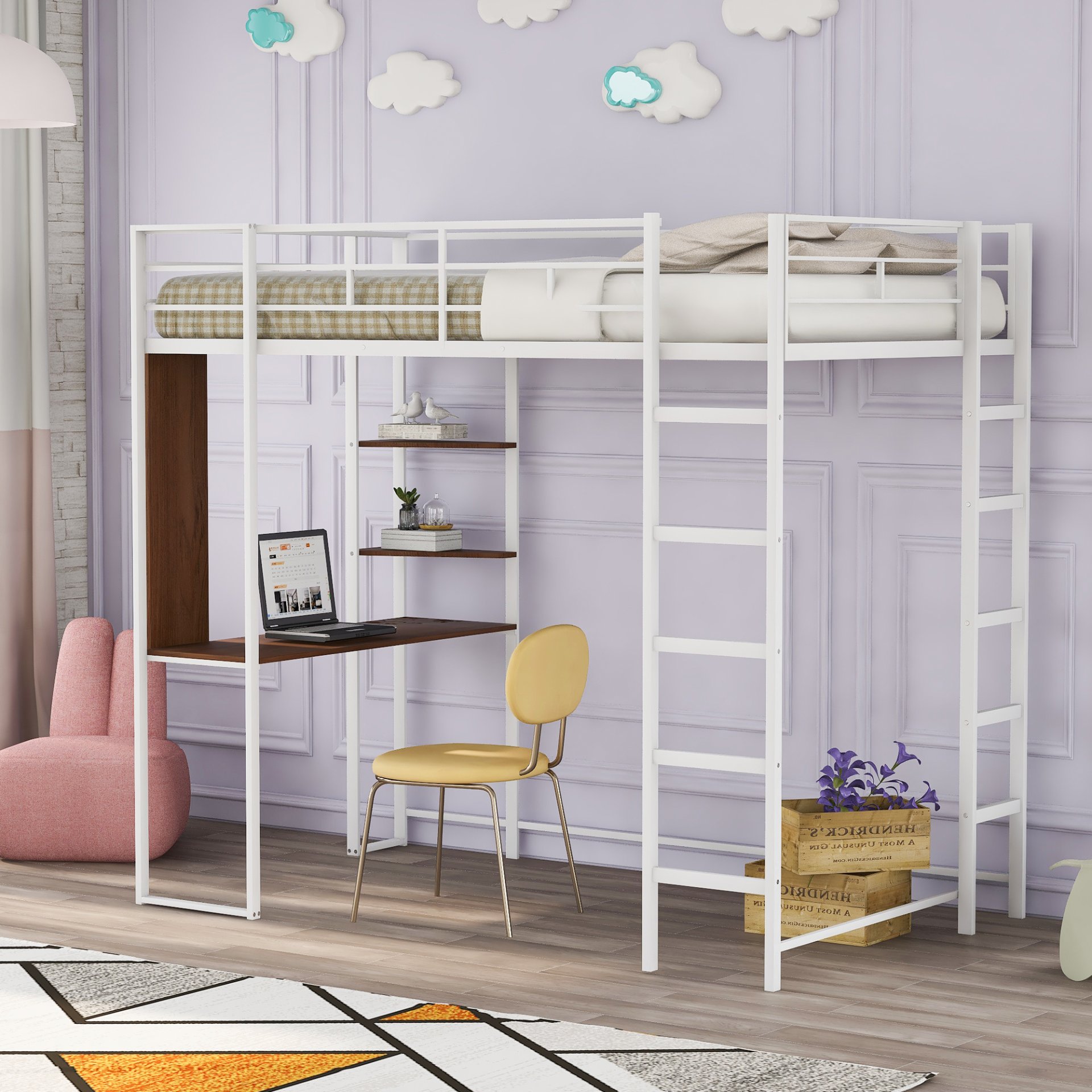 Hearth & Haven - Twin Metal Loft Bed With 2 Shelves And One Desk - White - Image 2