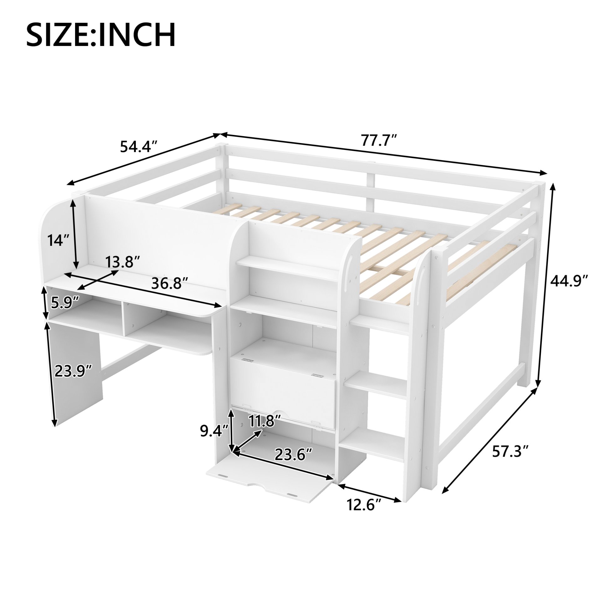 Full Size Low Loft Bed With Built In Desk, Storage Cabinets, Open Bookcase And Doodle Blackboard - White - Image 3