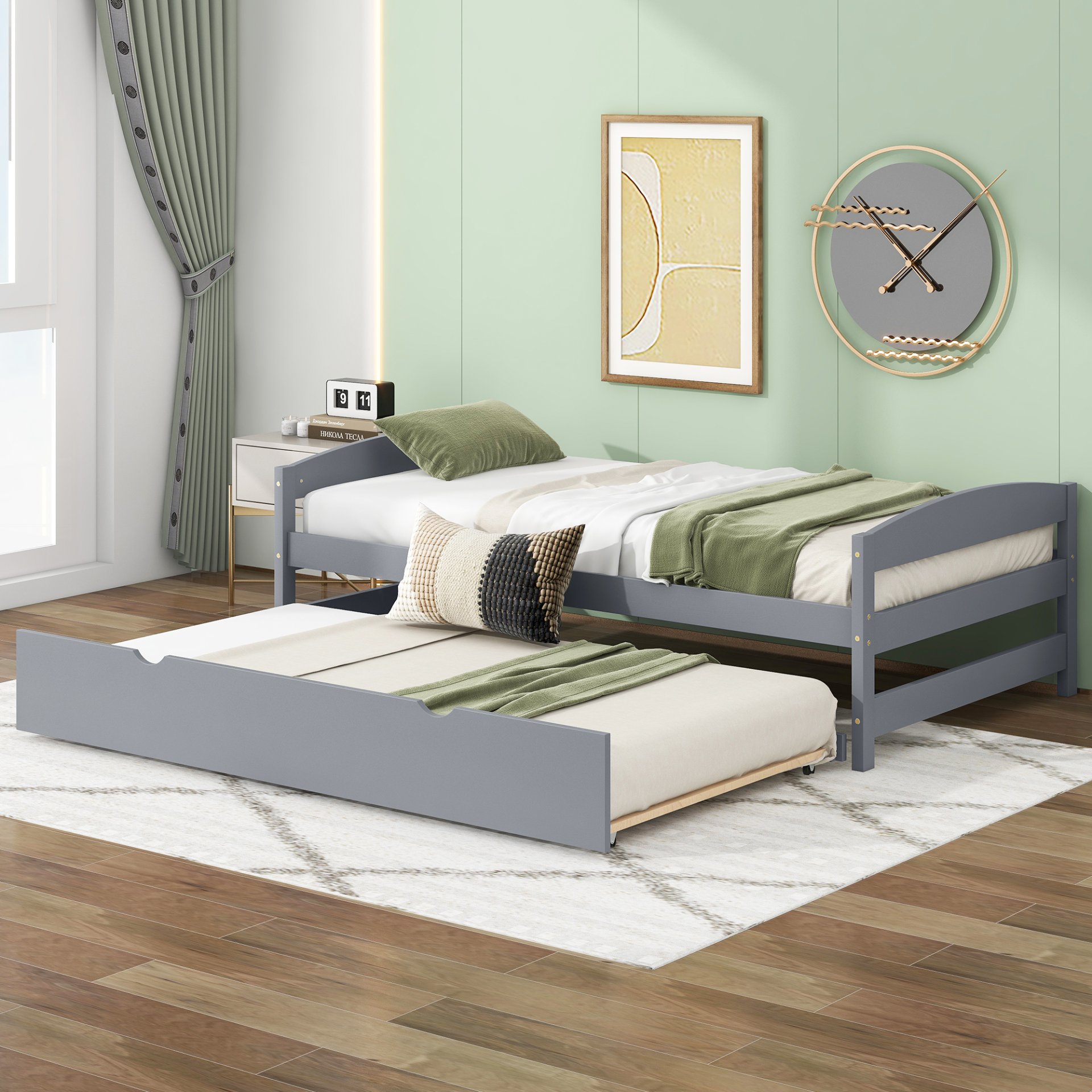 Twin Size Platform Bed With Twin Trundle - Gray - Image 5