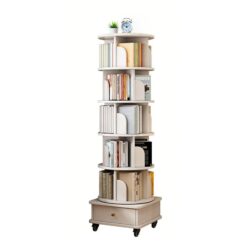 6 Tier Rotating Bookshelf With Wheels And Drawer, 360° Spinning Design, Space Saving Storage, For Home And Office - White