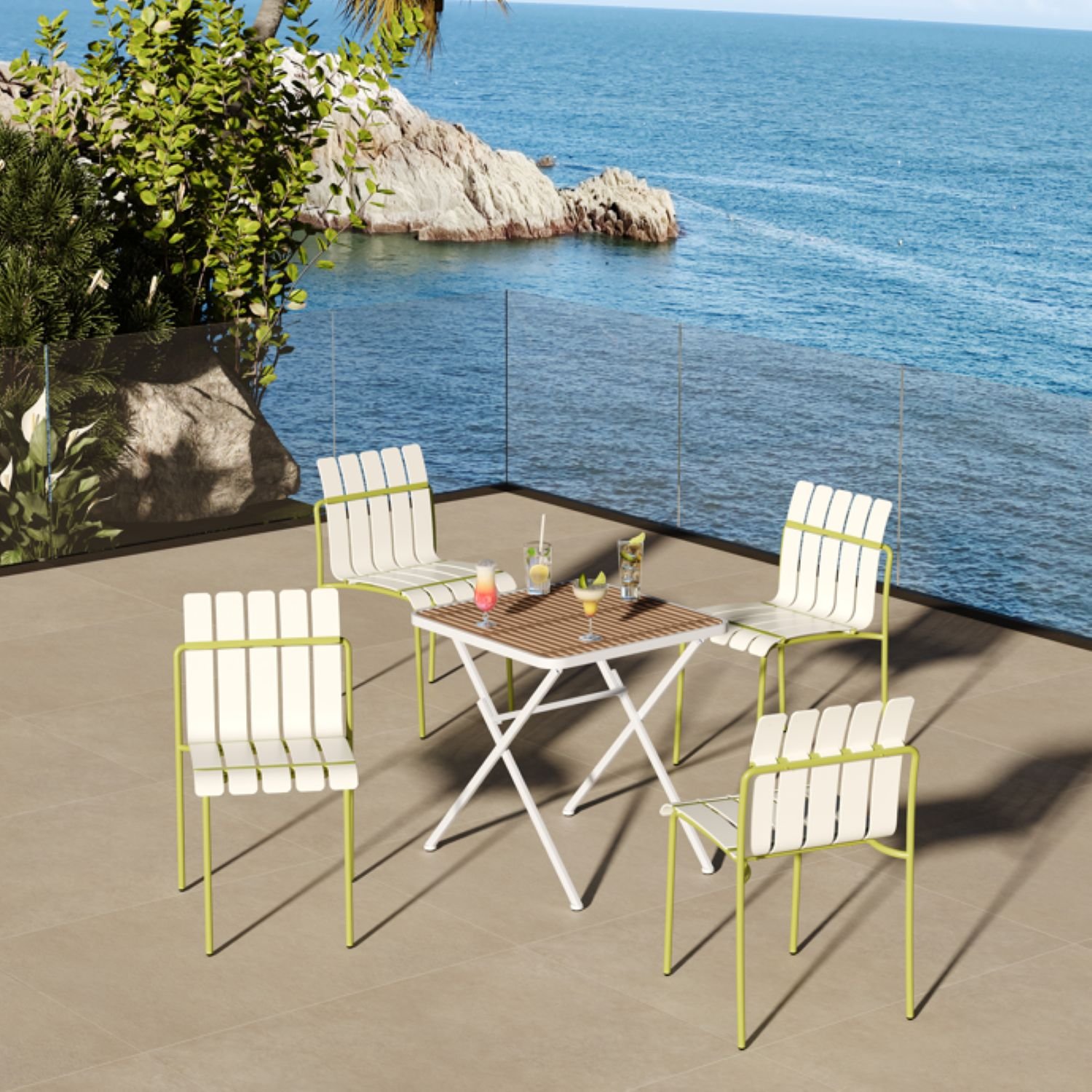 4 Piece Set Of Color Block Designed Single Chairs With Folding Square Table - Grain Yellow / Khaki / White - Image 2