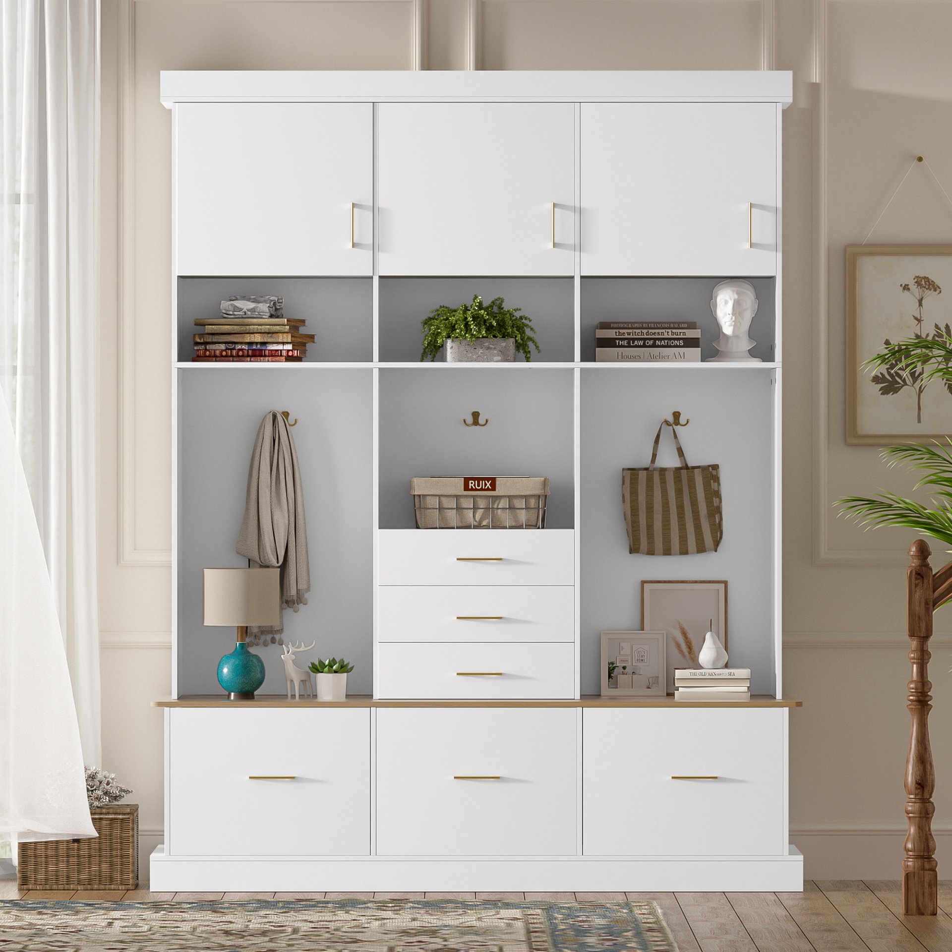 Entryway Hall Tree With Bench And Storage, 5 In 1 Coat Rack, 6 Drawers, 3 Cabinets And 3 Tier Top Storage - White - Image 3