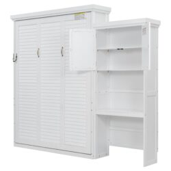 Queen Size Murphy Bed With Louvered Design And Multiple Storage Shelves - White
