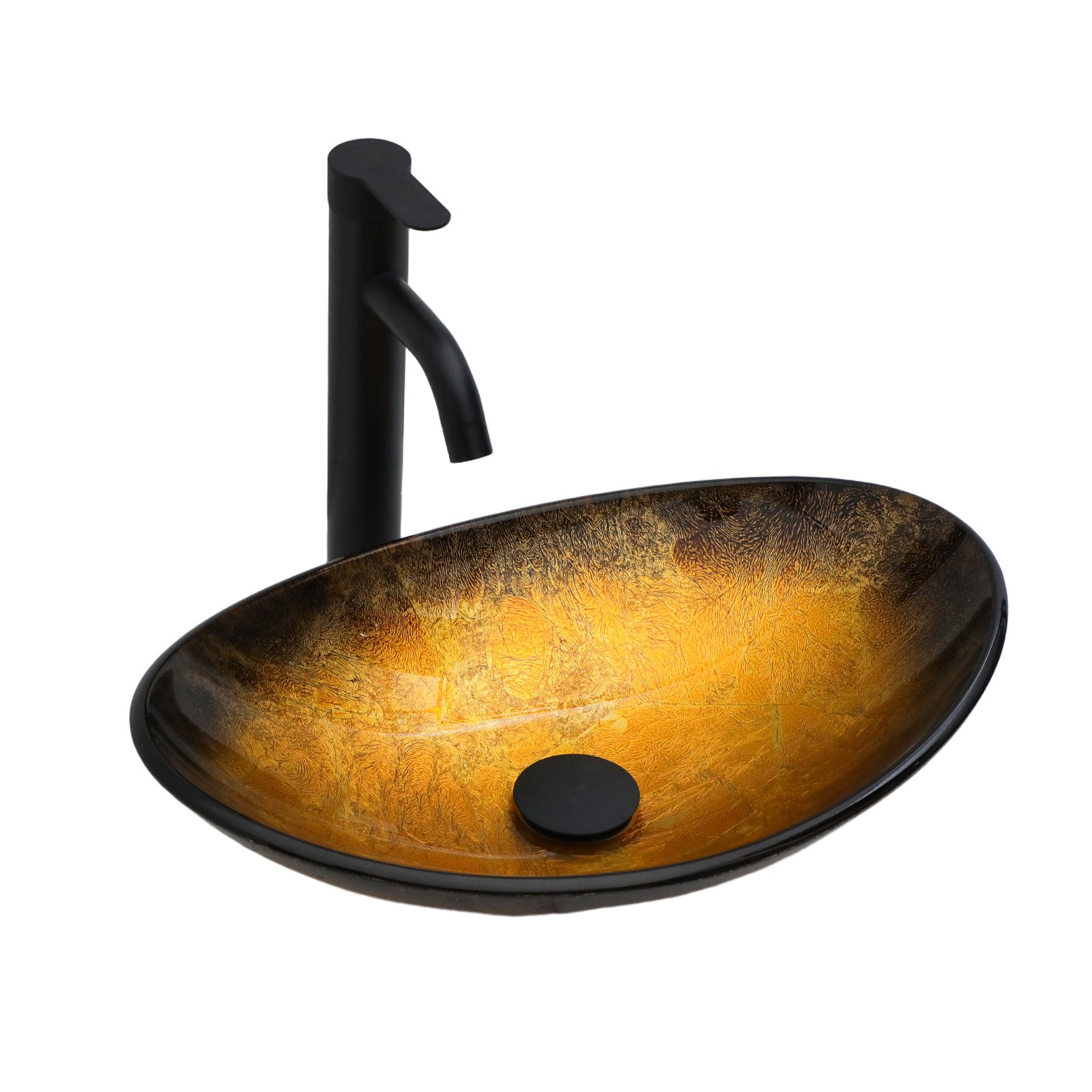 Veined Vessel Sink With Pop Up Drain, Boat Shape Bathroom Sink Above Counter - Gold - Image 6