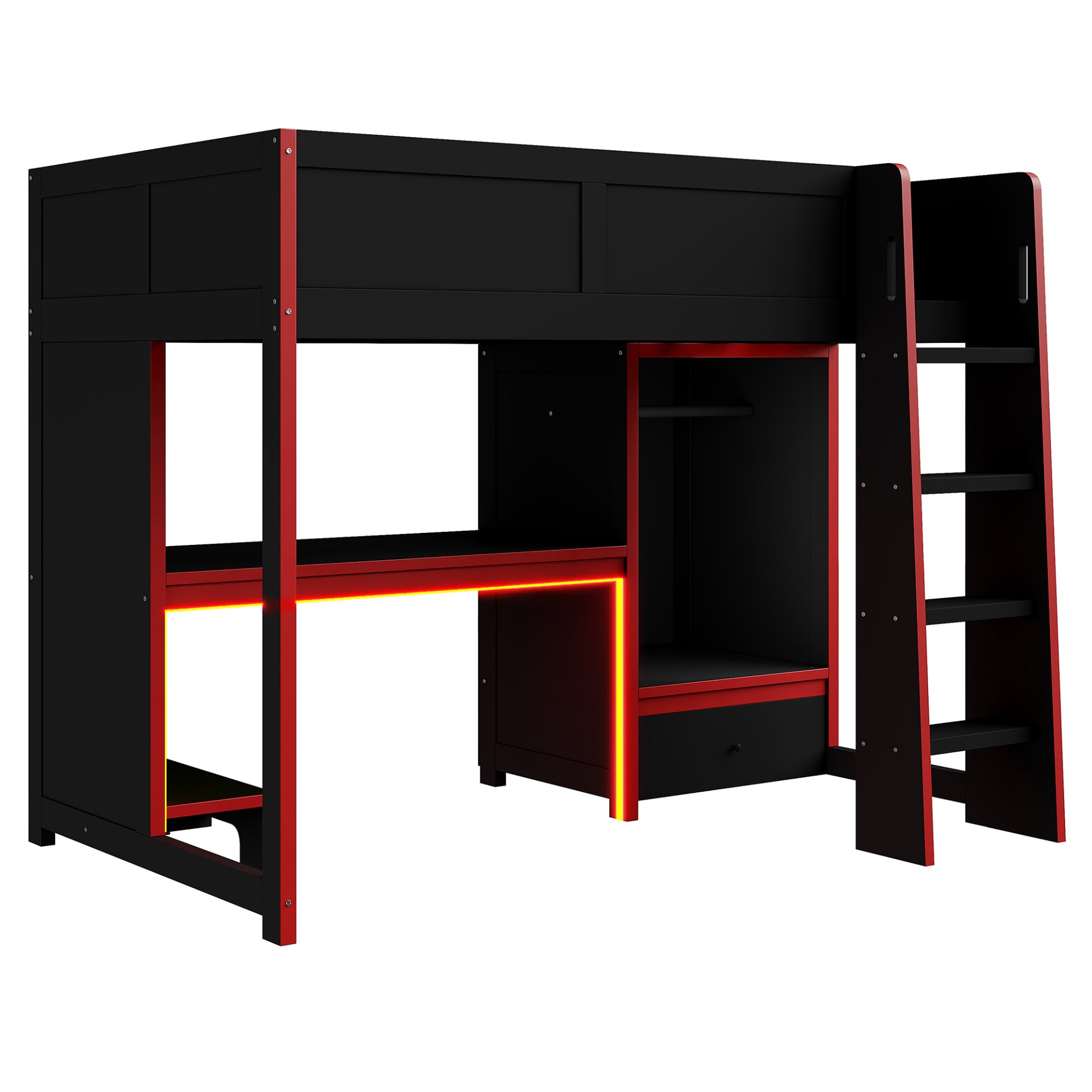 Twin Size Gaming Loft Bed With Built In Desk, Wardrobe, LED Lighting And Drawer - Black - Image 13