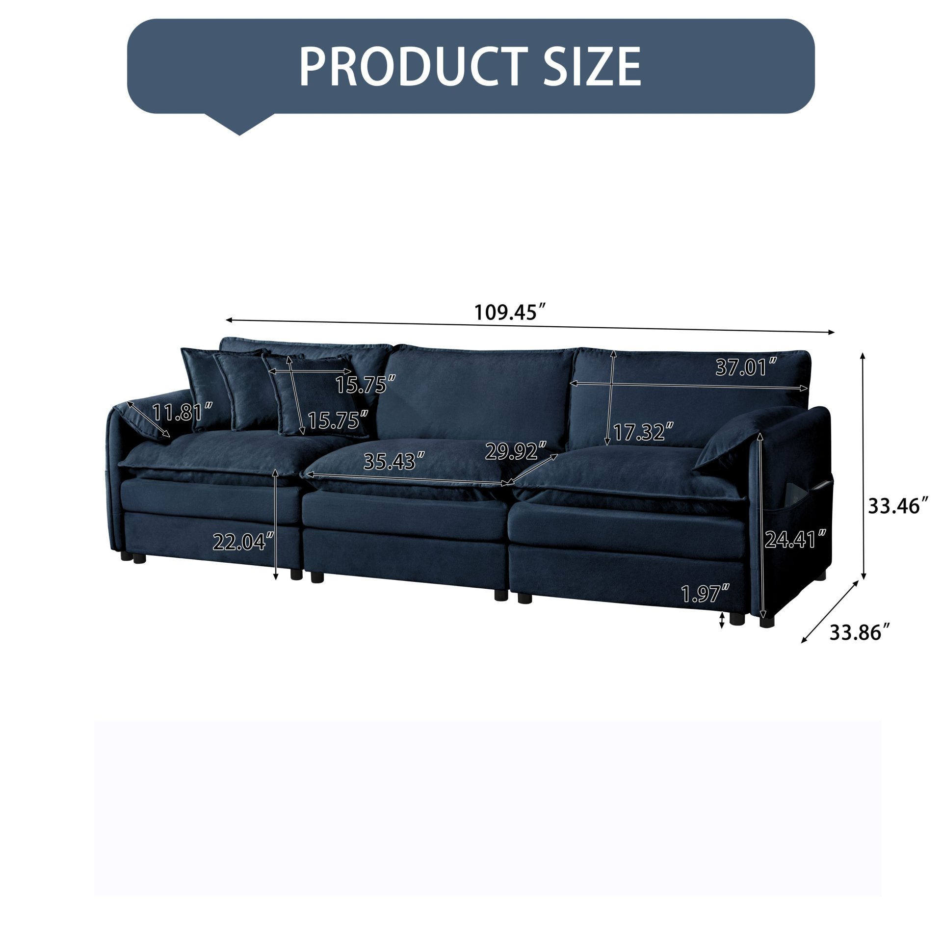 Modern Chenille Oversized Deep Seat Sectional Sofa Cloud Couch With 3 Modular Seats And 3 Complimentary Pillows - Blue - Image 3