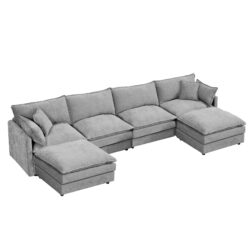 U-Shaped Sectional Sofa, 4 Seater Comfy Cloud Couch With Movable Ottoman - Gray